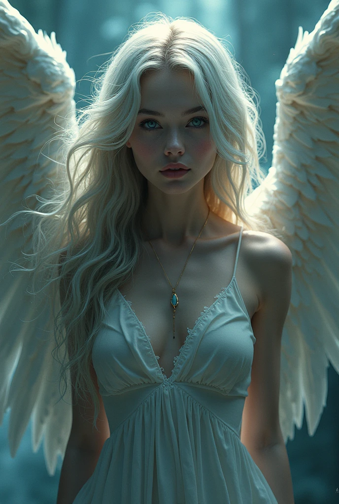 **Prompt: Ethereal Silver Angel**
Aspect Ratio: 3:2
Prompt: (Masterpiece, Photo-realistic, High resolution, Studio photography:1.3), A stunning angelic being with (silver hair:1.2), eyes that sparkle with a captivating blend of (green and blue:1.2), radiating an otherworldly charm. Her skin is flawlessly perfect, emanating a soft and ethereal glow. The angel's attire features an elegant gown with a (deep neckline:1.2), revealing her (voluptuous and ample bosom:1.2) in an artistic and tasteful manner. Her majestic angelic wings are gracefully spread open, displaying their divine beauty.
The photo is taken in a professional studio setting with a (black backdrop:1.2), enhancing the angel's celestial presence. Her alluring gaze carries a (sensual touch:1.2), captivating the viewer with a mix of elegance and allure. The lighting is soft yet dramatic, accentuating the angel's heavenly features. The overall atmosphere exudes a sense of (grace and allure:1.1), emphasizing the angel's divine and sensual nature.