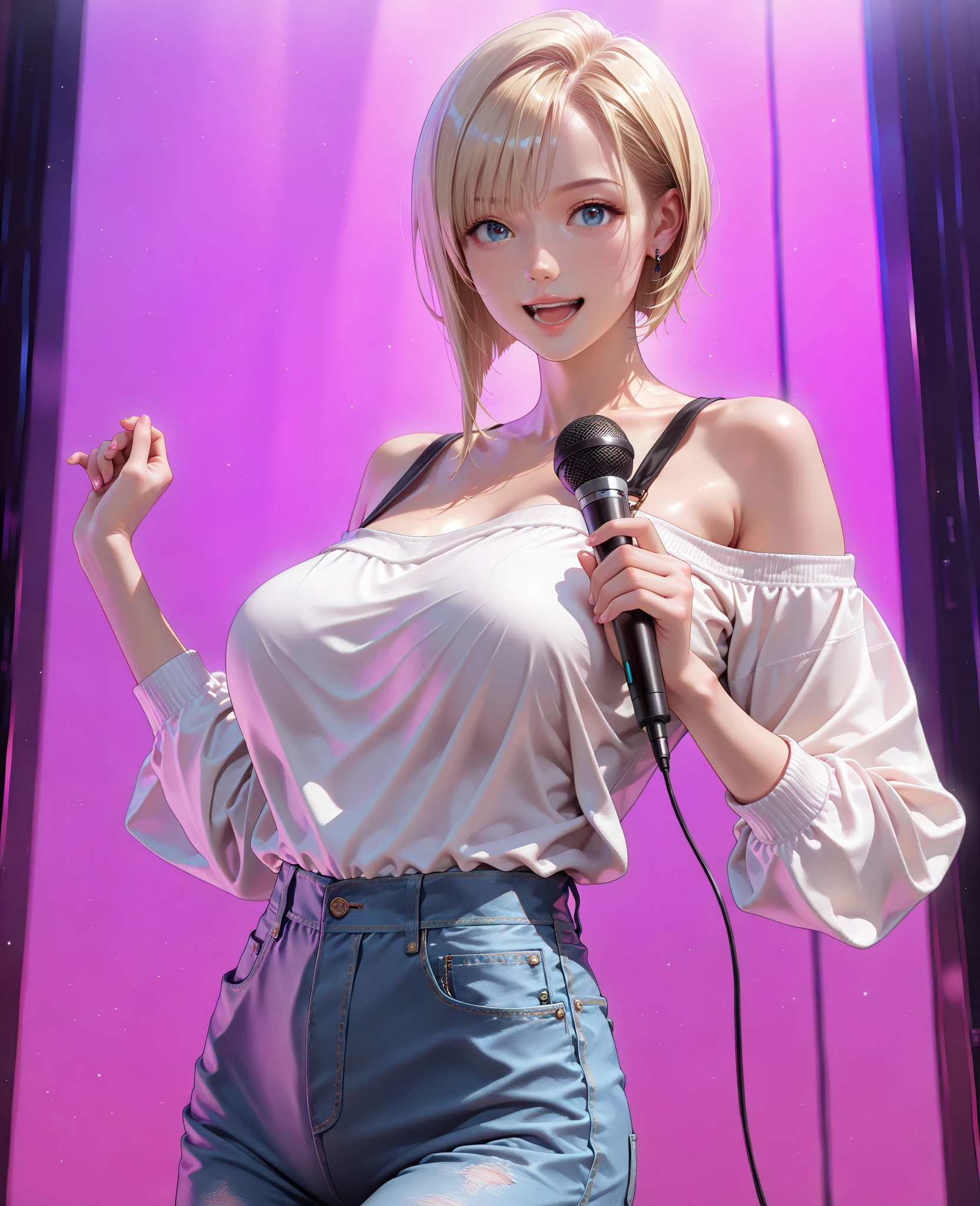 highest quality, Highest quality, masterpiece, Ultra-high resolution, Raw photo, A photo-realistic, 26-year-old woman, ((singing:1.2)), (open mouth:0.7), blond hair, pixie hair, (light hoody:0.8),blue eyes, (cleavage:0.65),