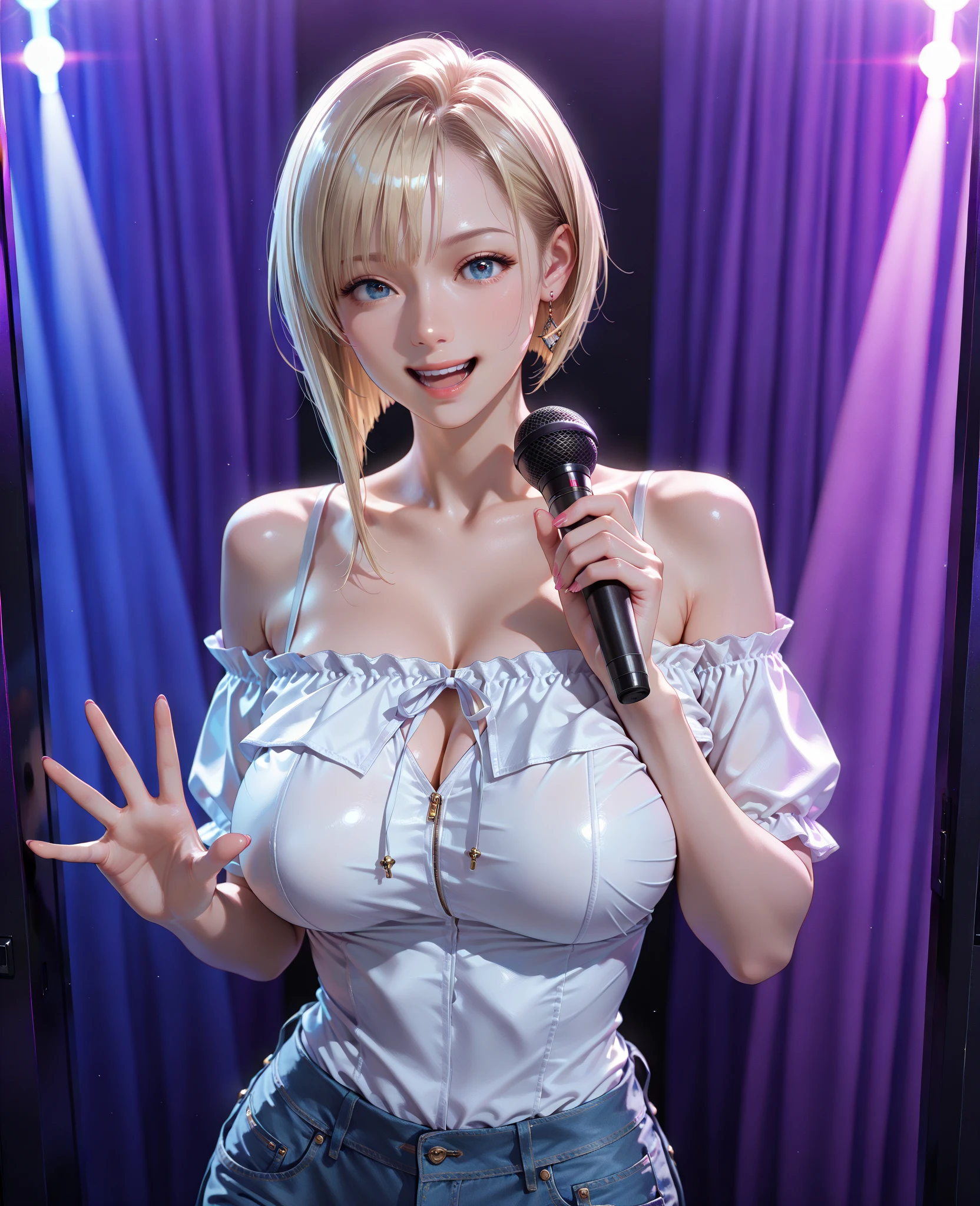 (table top), sexy、Natural light, realistic diffused glow, Depth of written boundary, professional lighting、Big eyes、eyes are blue、blonde、Russian、lonely look、white fur dress、it&#39;s snowing、in the snow、microphone on right hand、