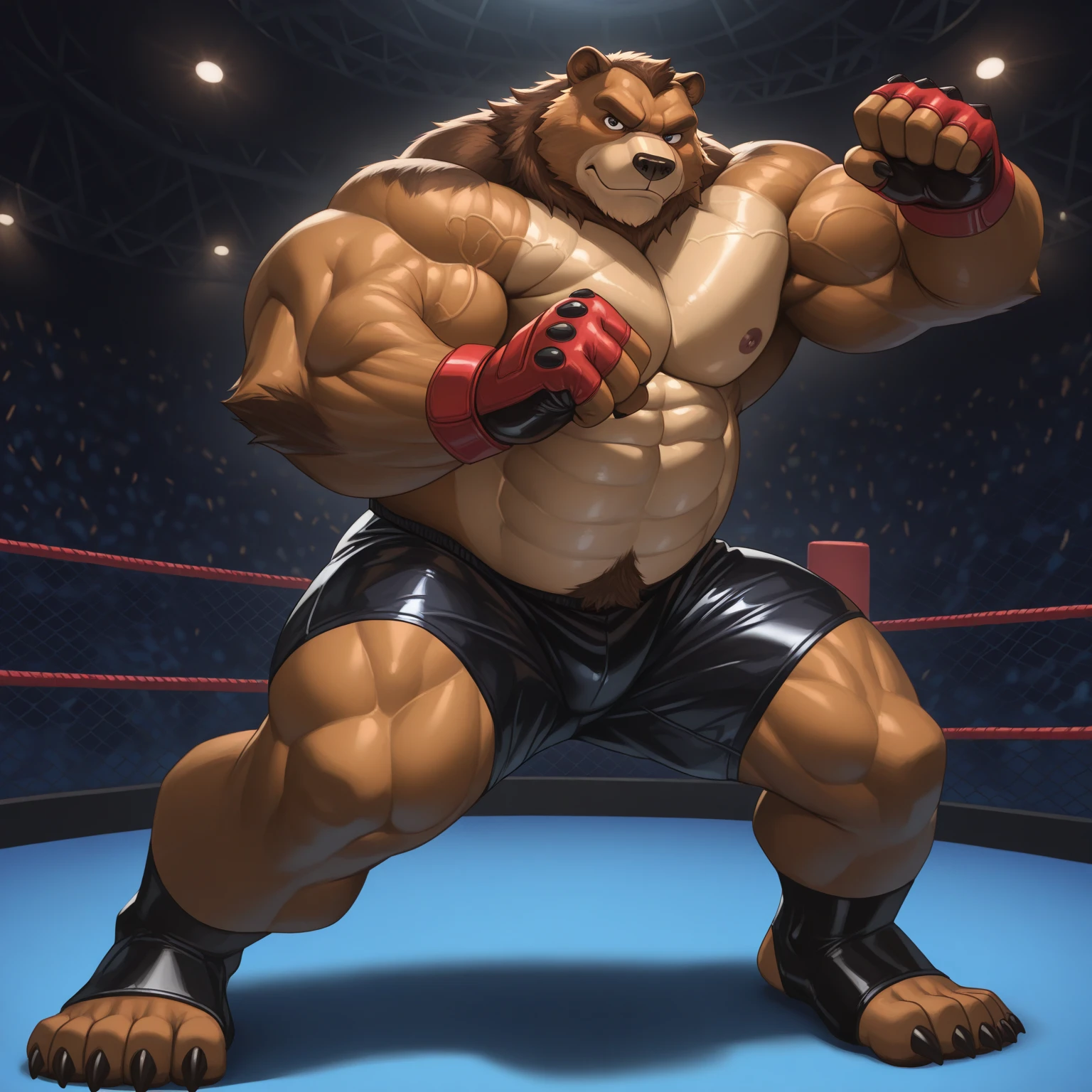 solo, 1boy, Huge Muscular Old Grizzly Bear wearing kickboxing MMA belt , thick pectoral, thick arms, huge pectoral, wide pectoral, hige brown fur, short white hair, Kickboxing MMA shorts, kickboxing MMA gloves, Kickboxing MMA Footwear and shirtless, bearded, Kickboxing Martial Arts Cage Tournament background, masterpiece, semirealistic:1.2, high detailed, 8k, high resolution,  kicking and punching