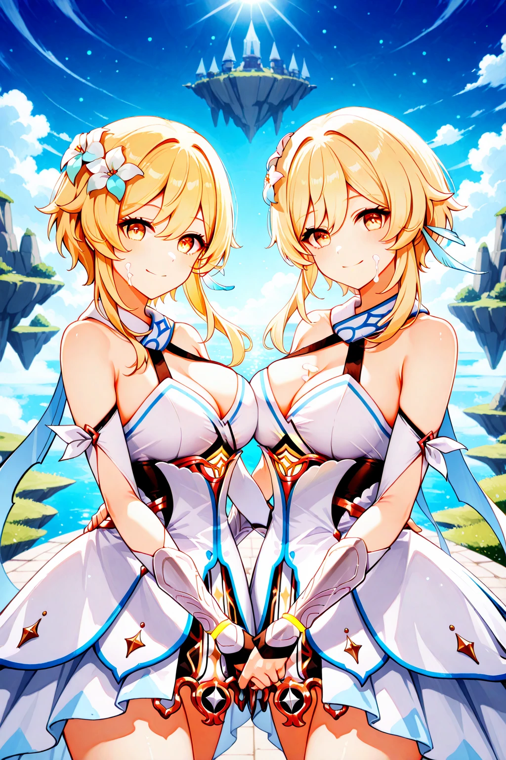 twogirl，blondhair，Golden eyes，He wears a white flower hairpin on his head，High chest，The picture is in portrait style，It was shot close-up。Two girls wearing white erotic underwear，symmetric_docking，(viewed_ved_another:1.3),(face another:1.3)