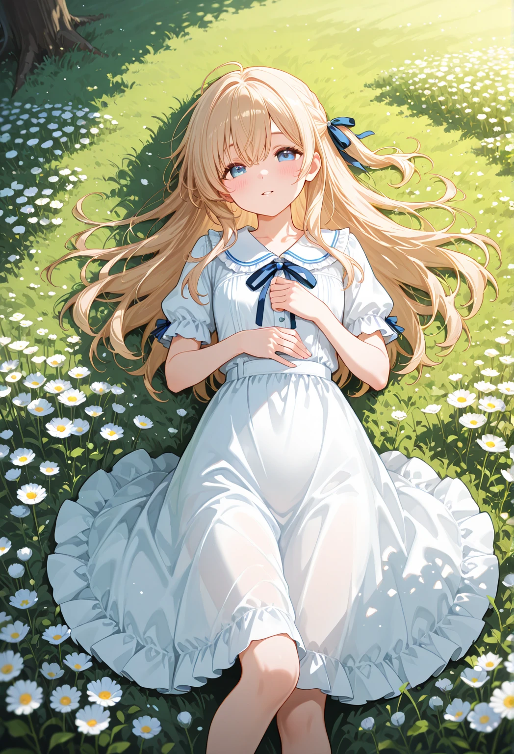 Showing the whole body, Yellow hair, Cute, Baby face, Big breasts, Sleeping, In the forest, White dress, Long hair, Sleeping, 1 person, Small, Fairy wings