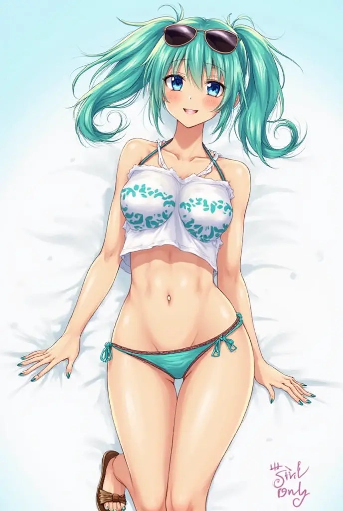 masutepiece、hight resolution、1girl in、in one's underwear only、Yellow-green lingerie、large full breasts、Lying on your back in bed、Cute anime illustration、