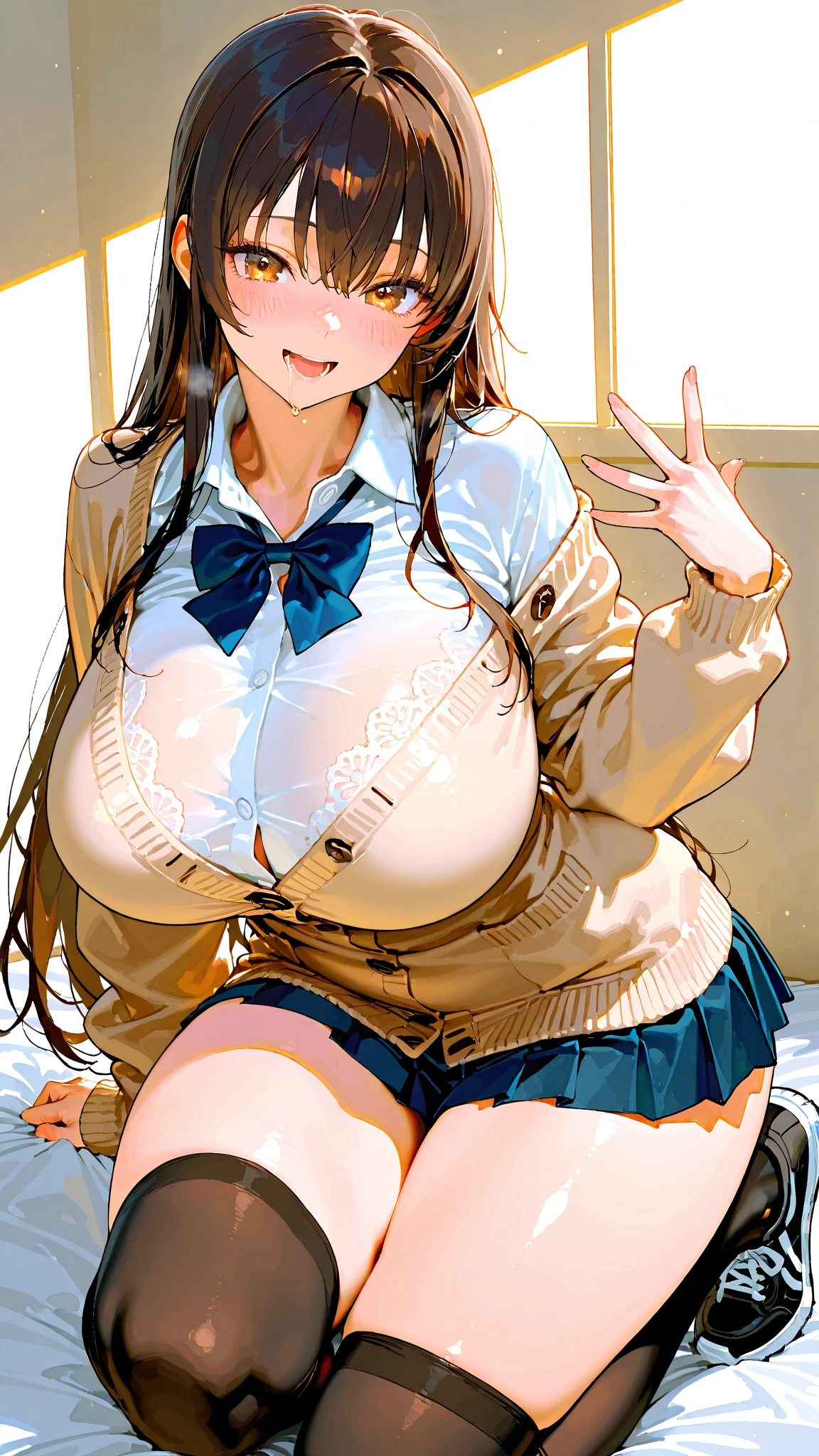 (masterpiece, highest quality:1.2), Feeling embarrassed、Excessive armpit sweat、 Completely naked、smile、Embarrassed、Big Breasts、Sitting、Pussy、pee、Breast milk、Being chubby、White mesh knit sweater、Steamy black tights、garter belt、Steam from the body、Spread your legs、Riding a horse to the viewer、Put your hands behind your head、Large areola、Your body is wet、The nipples are erect、Spread your crotch with your fingers、My whole body is shaking