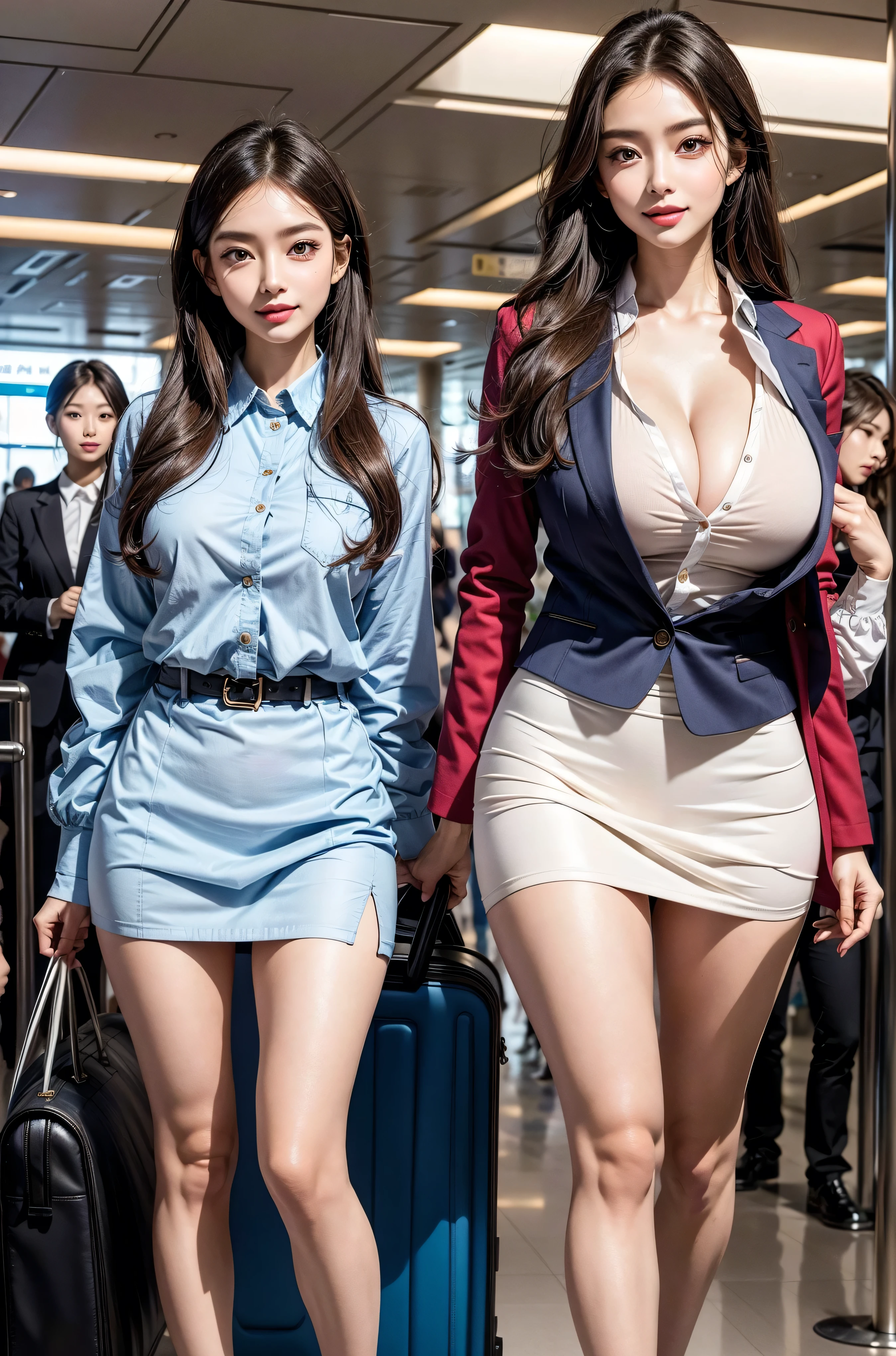 Top quality, ?masterpiece, 8K, Ultra-high resolution, (Reality:1.4), 2 girls in、Beautiful expression、Symmetrical eyes、Huge 、Perfect body proportions、Airline stewardess、Cleavage、Look at the audience、(at the airport:1.2)、Long legs(1.3)、a smile，Body proportions，