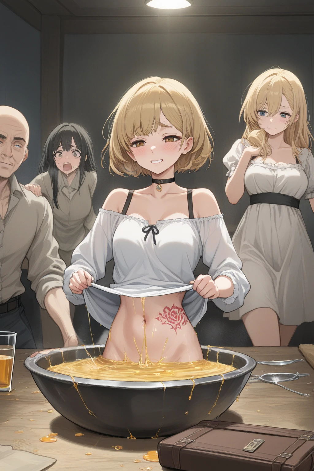 masterpiece, best quality, evangelion kaworu nagisa, kaworu nagisa, boys, nsfw, red eyes, seductive, hot, seductive face, piss on face, urine dumpster, sex slave, face covered in urine, urine eating, drinking urine, holding a big bowl of urine, surrounded by black men dicks, black men dicks, very big dicks