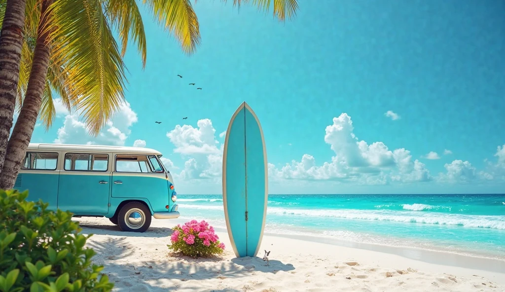 The Wagen van is driving on the beach of Waikiki, the car is mainly painted by Gardenia, and the entire side of the wagen van is painted in American pop art with graphic illustrations inspired by the Waikiki coast. Delicate Details, Detailed Background, Delicate Drawing, High Quality, High Quality, High Resolution, 8K, Masterpiece --auto --s2
