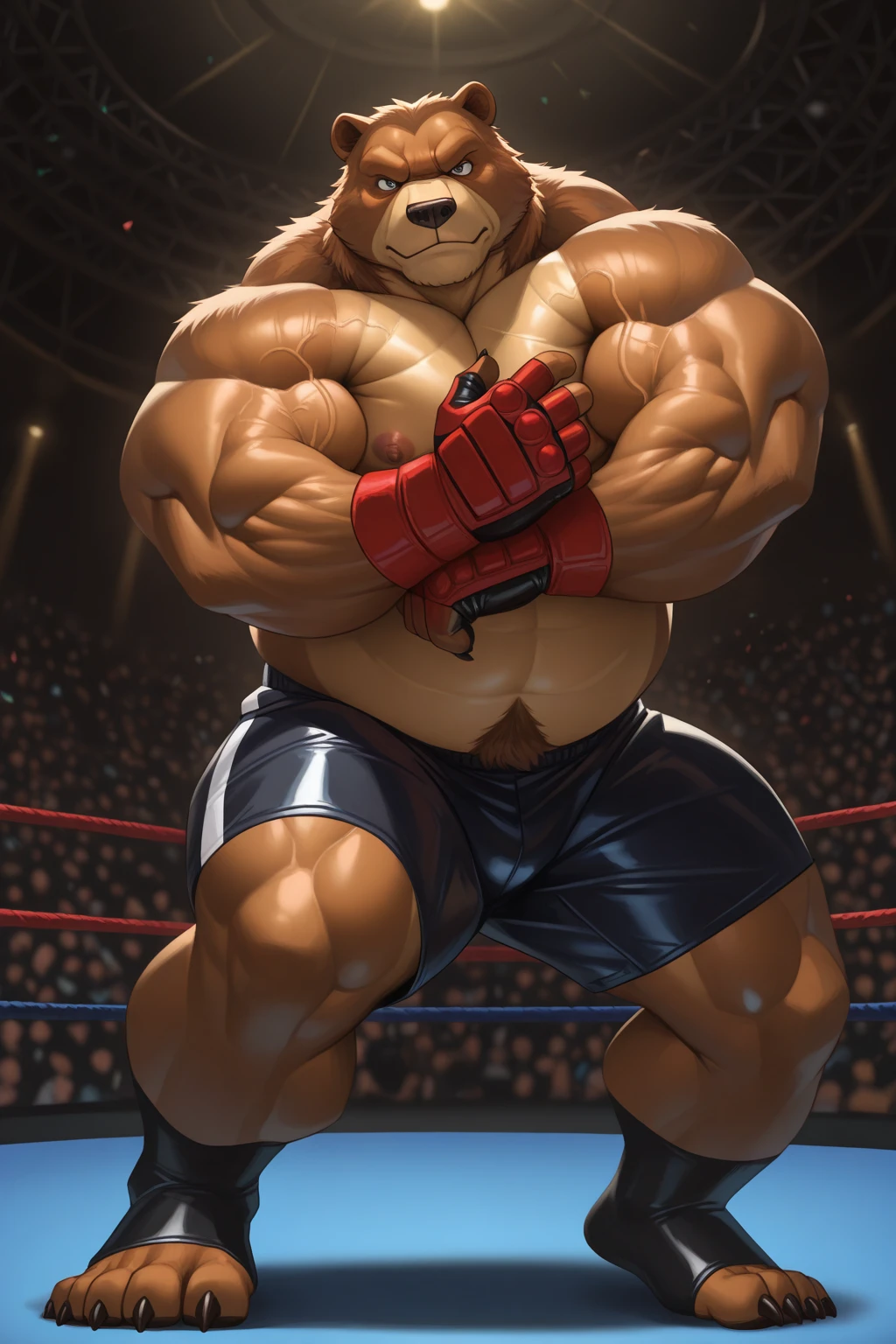 ((solo)), (anthro:1.2) bear (lora; baloo), adult, (athletic:1.4), (dense muscles), (super strong:1.4), (correct anatomy:1.2), (broad shoulders:1.2), (heavy build, massive body:1.6), (realistic fur, detailed brown fur texture:1.3), kickboxing martial arts tournament background (corner of the kickboxing MMA ring:1.6), photorealistic, (black compression shorts), (bare torso:1.4), (footwear:1.2), (detailed kickboxing martial arts black shorts), hyperrealistic, ultradetailed, (by wfa:1.2), (by takemoto_arashi, by vorusuarts, by Traver009:1, by grimfaust:1), natural lighting, (oiled up:1.4), ursine head (open eyes, brown mane), (sexy:1.2), ((serious smirk:1.4) expression), (punching:1.4), (view from center:1.4)