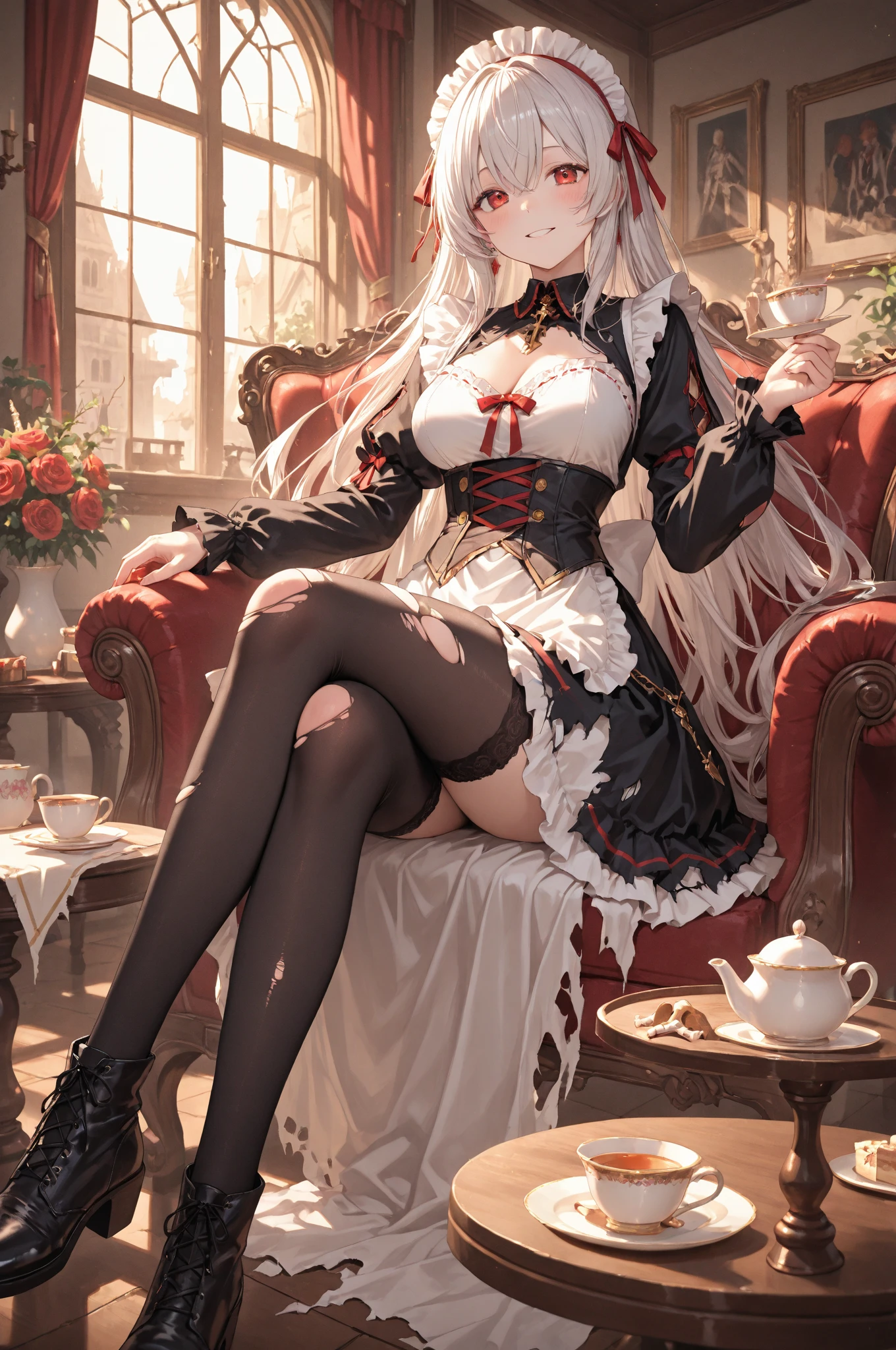 Masterpiece quality，The best quality assurance。A brown hair、Cute girl with golden eyes。Tsundere，Wear a short skirt，Exudes magic，With a rose headdress，Long hair flutters in the wind，Naughty，adolable，devil horns，In the daytime，divino，white church，Holy Church，Holding a bouquet of flowers，Wearing a snow-white wedding dress，light yarn，blackstockings，fully body photo