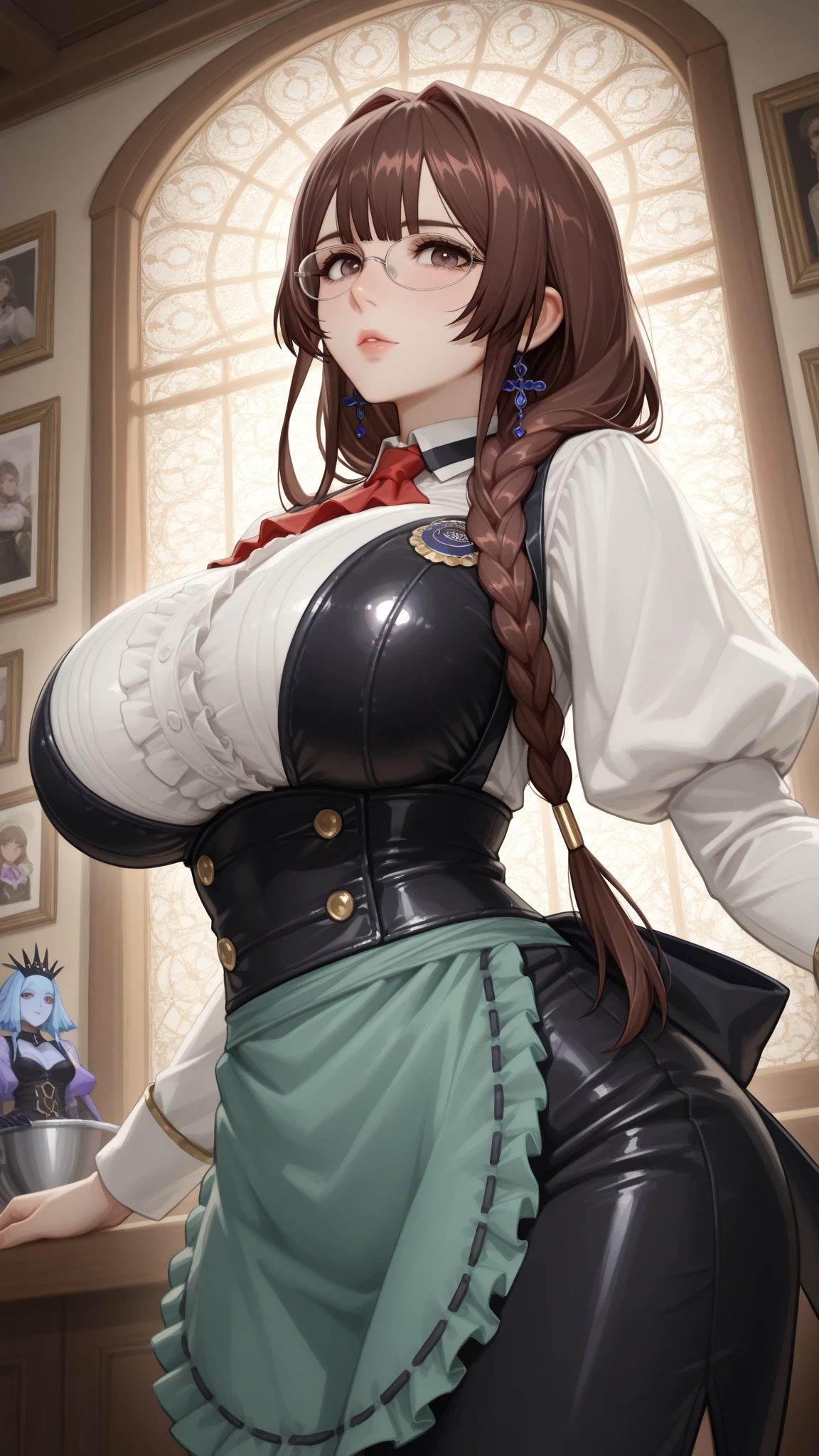 ((pink nipples,nsfw,masturbation,breast milk,inverted nipples,aroused,topless,show off nipple,panty shot ,spread legs,sexy T-back,curvy,1girl)), solo, Super huge breasts,plump,Whipped thighs,upper body, portrait, smile, ahoge, sidelocks, wide sleeves, hair over one eye, (((Steampunk Maid))), looking at viewer,perfect quality, perfect,high quality,good quality, masterpiece, faultless,HDR, UHD