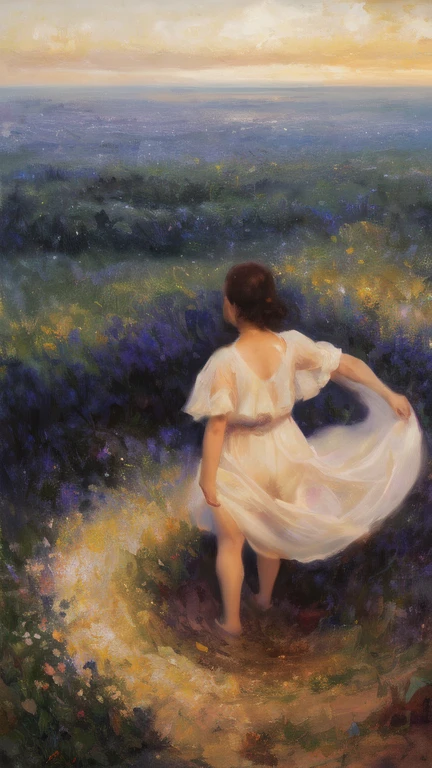 alone in the universe, in watercolor style, Photorealism, discreet golden and ruby and mint shades, (nude) gentle modest thin girl 16 years old (with a very beautiful exquisite face) southern type with short dark hair with beautiful breasts with tender nipples (barefoot) in a long dark blue skirt walking in the distance (Across the desert), stunted little plants, drought, precious jewelry on the neck and chest and on the wrists, precious bracelets, ankle bracelets