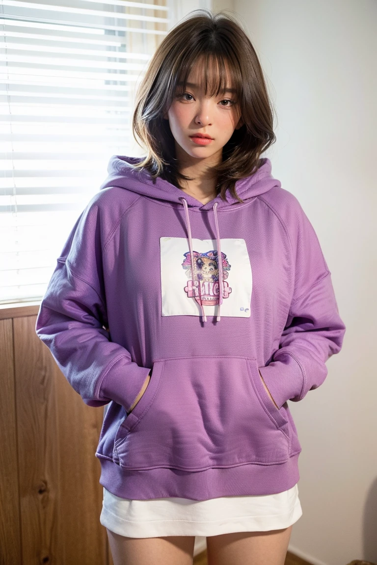 Uzumaki sunflower、Purple Hair、Blue eyes、Yellow hoodie、Pink Skirt、