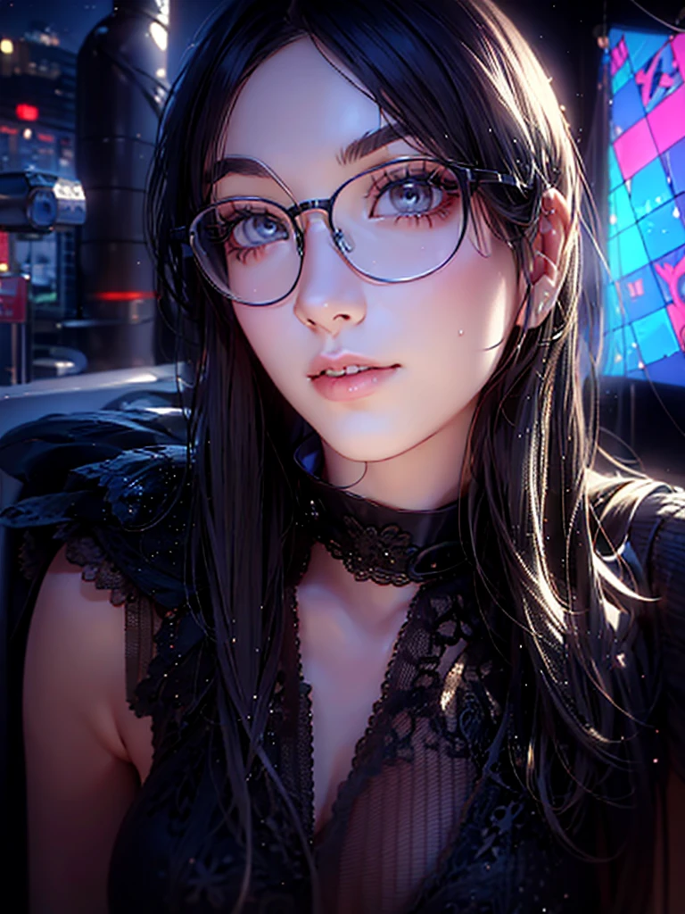 Highest quality,Highest Resolution,sexy,neon,Short Bob,Very beautiful eyes,Ecstasy face,Big Breasts,whole body,Glasses,Black Hair