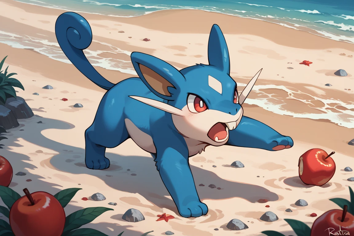 Weavile, bluish fur, orange gem, red eyes, smiling, full body