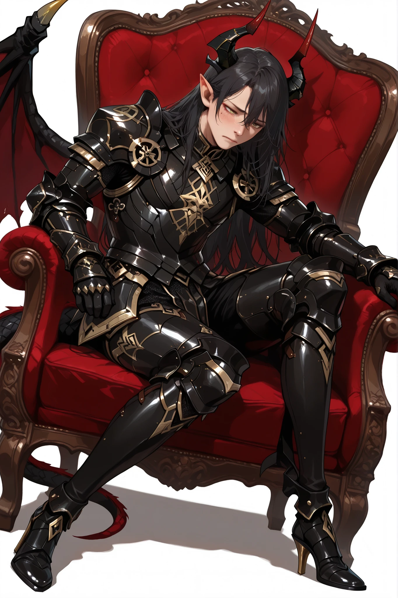 score_9, score_8_up, score_7_up, absurdres, (((128K Ultra High Resolution))), (masterpiece, best quality: 1. 5), (high definition: 1, 4), ((highres)), 8K wallpaper, (excellent graphics: 1. 5), CG, (((Japanese Anime style))), (1 male), solo, ((lean body, masculine)), weredragon, glossy black, shiny black leather, ((beautiful golden eyes, finely detailed eyes, bright eyes, slit pupils)), hair between eyes, black hair, long hair, sideburns, wild hair, (shy, a gloomy expression, hunch his shoulders: 1. 5), (((ultra detailed face))), shiny skin, long pointy ears, twisted torso, long-legged, sculpted face, wasp waist, dragon horn, dragon tail, dragon wings, dragon sharp claws, (black armor with a lot of grandiose decorations: 1. 5), half dragon half human, (sitting crouched sad, sit sideways, luxury antique red plush velvet chair: 1. 5), (dramatic angle, dynamic pose: 1. 5), (ultra detailed black armor, well-polished black armor: 1. 5), (gold-adorned armor: 1. 5), all black outfit, full body, emphasize face, sharp focus, good-looking man, (best illustration, highly detailed artwork: 1. 5), ((cinematic)), dramatic lighting, (intricate detail, extreme detailed, super detailed: 1. 5), chiseled features, (stark contrast, heavy shadows: 1. 3), detailed black decorations, beautiful & aesthetic, photoreal, (from side), (mysteriously crafted black metal armor: 1. 5), thick & luxuriant hair, (ultra detailed fantasy black armor, wonderful black armor: 1. 5), (realistic metal texture), broad shoulder, true-to-life visuals, artistically refined, (extremely delicate & beautiful armor, elaborate armor details: 1. 5), (giant black armor, dark armor, stylized armor: 1, 5), (((armor-type high heels))), (extremely detailed armor with intricate engravings, intricate armor with gold ornaments: 1. 5), ((very gorgeous and dazzling)), (dark fantasy black knight: 1. 5), slim waistlines, wide chested, sinewy body, (Hyper Detailed & Perfectly Designed Black Armor: 1. 5), (simple white background)