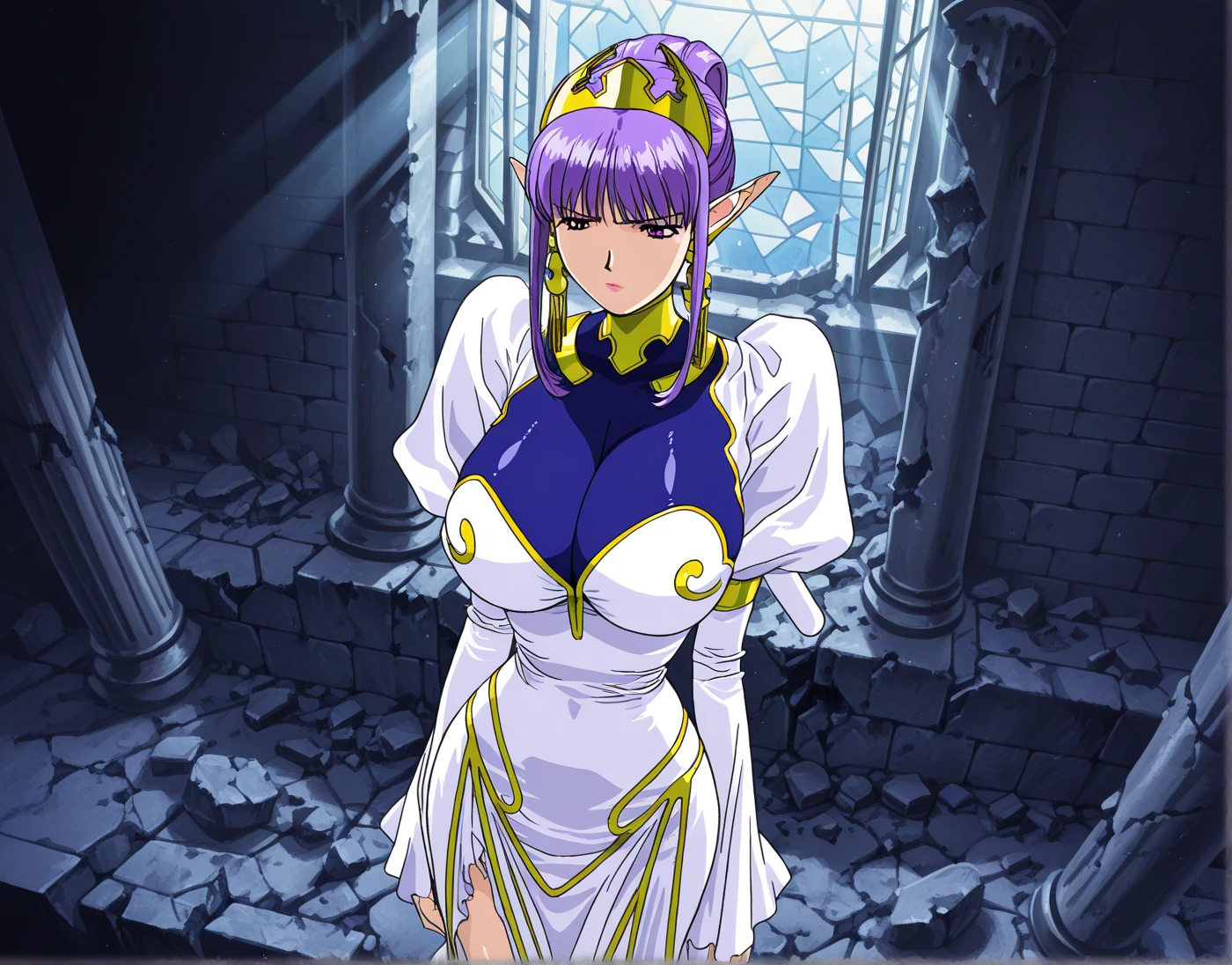 masterpiece, best quality, high resolution, 1girl, huge breasts, julietta,purple hair,purple eyes, white dress, cowboy shot, codeGeass
