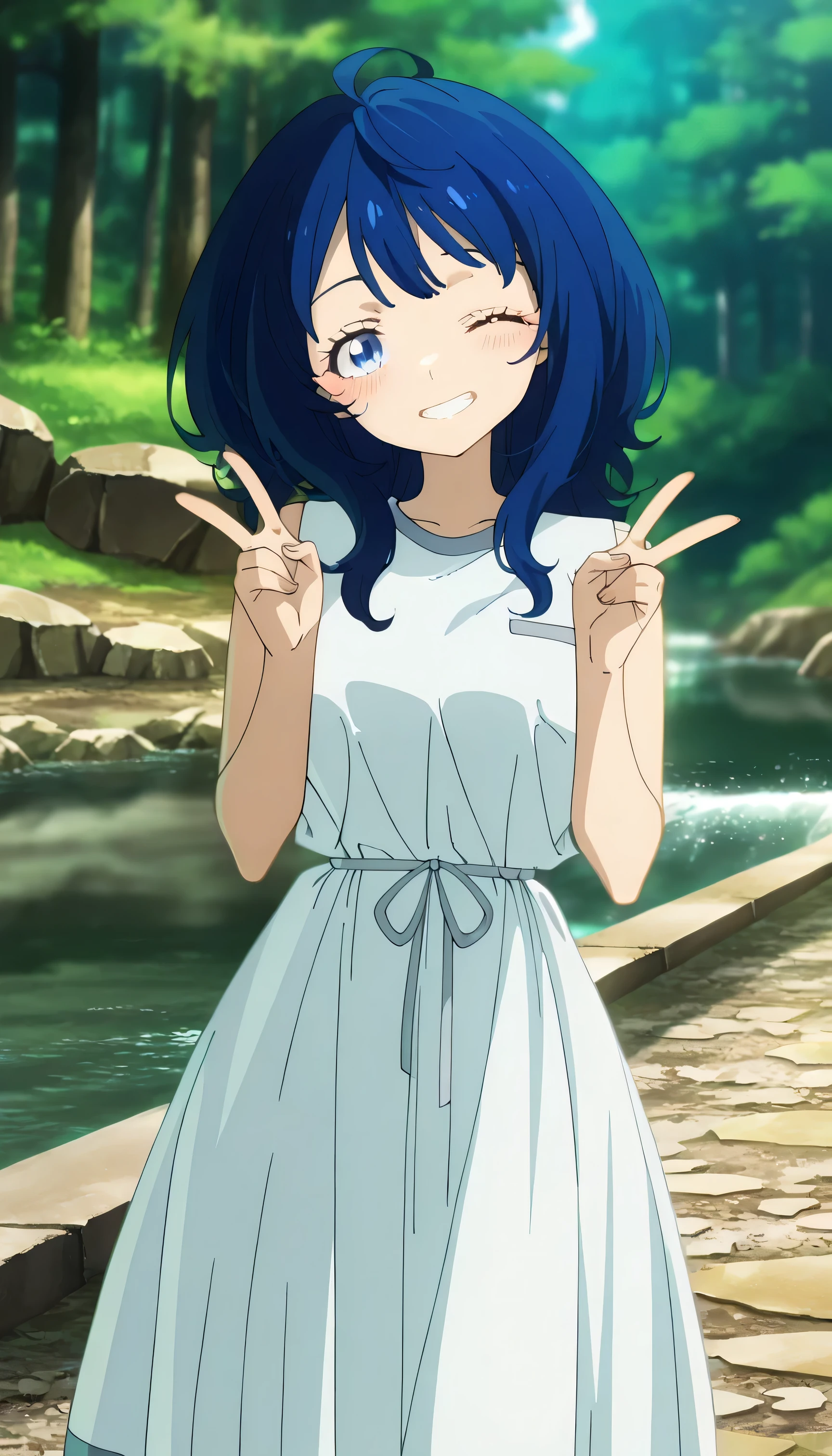 anime screencap, masterpiece, best quality, 1girl, solo, teeth, smile, blush, double v, one eye closed, head tilt, long hair, blue hair, blue eyes, ahoge, AnnaDress, sleeveless dress, white dress, waist ribbon, standing, looking at viewer, blurry background, forest, river, stone
