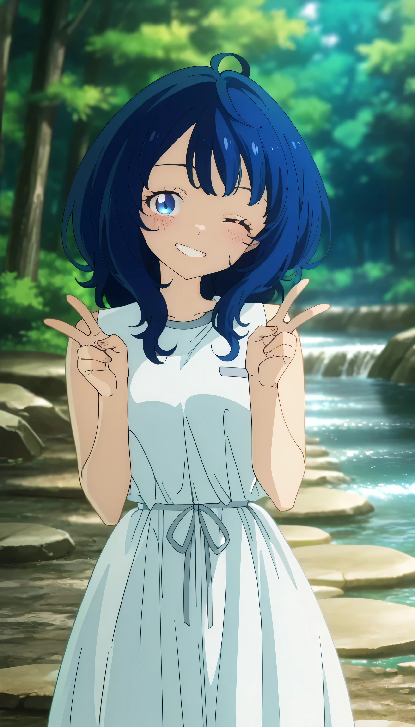 anime screencap, masterpiece, best quality, 1girl, solo, teeth, smile, blush, double v, one eye closed, head tilt, long hair, blue hair, blue eyes, ahoge, AnnaDress, sleeveless dress, white dress, waist ribbon, standing, looking at viewer, blurry background, forest, river, stone