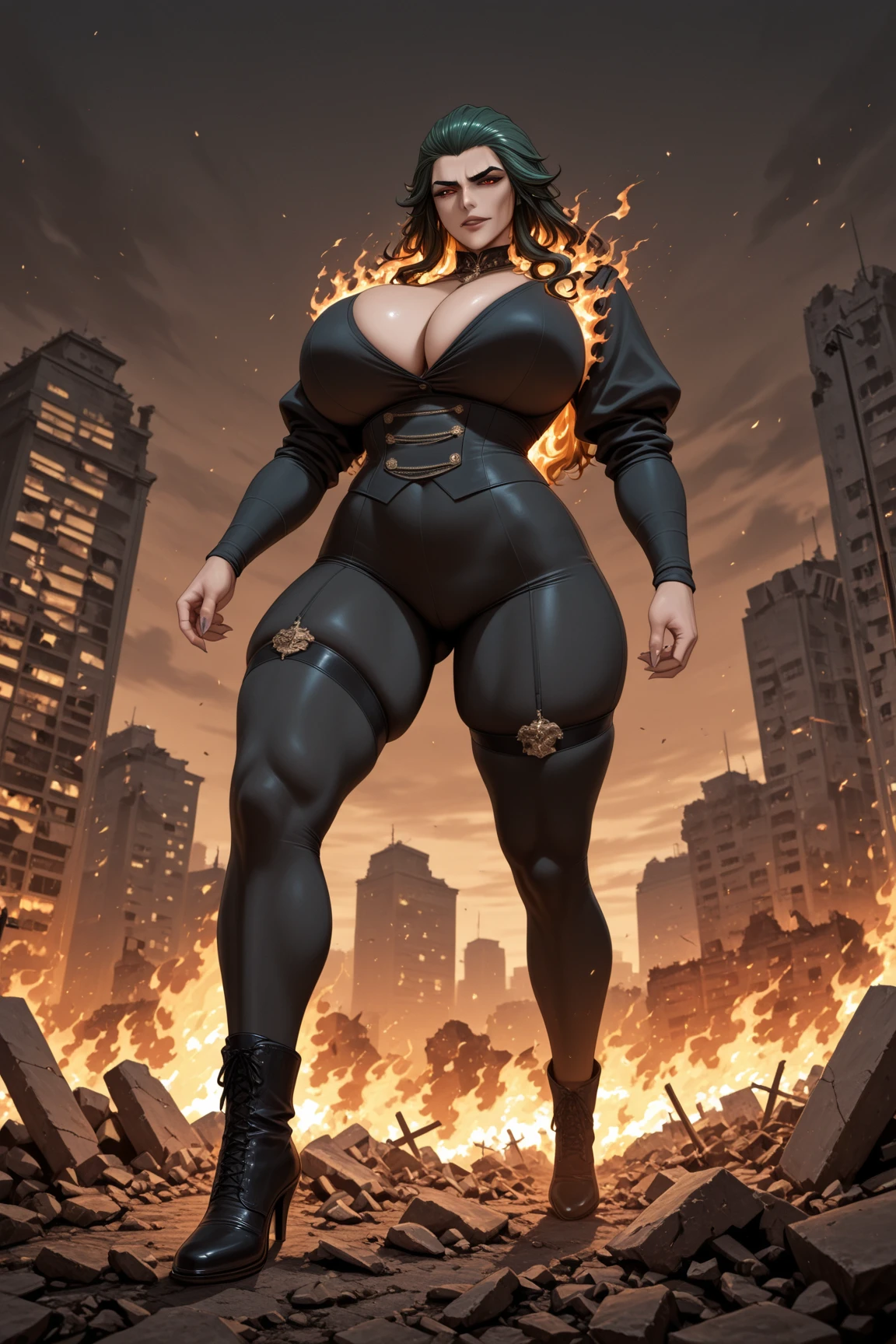 full body standing good face, nice ass, red spiky hair, beautiful woman, wide hips, cleavage, jumpsuit, leotard, heavy boots, apocalypse, muscular, thights, Mature woman, Abs, looks at the viewer, lustful smirking smile face red blush