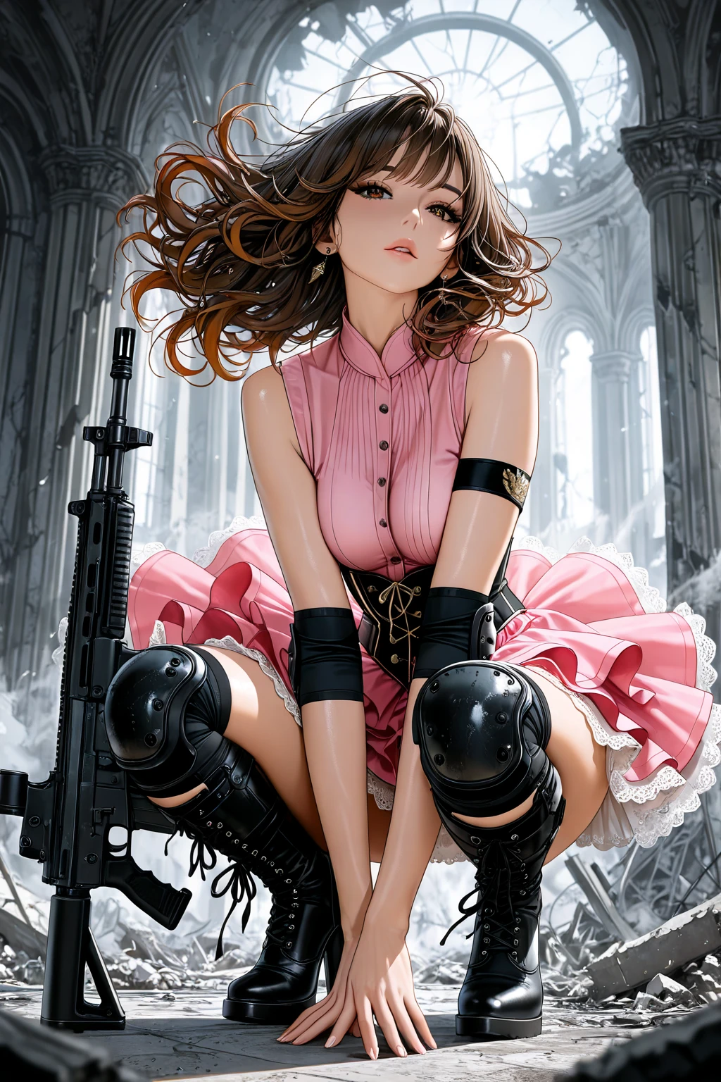 ((best quality, masterpiece)), ((style-swirlmagic):0.25),
photorealistic, thick outlines, strong shadows,
cowboy shoot,
1girl, ((chibi):0.7),from behind , looking at viewer, cute pose, red hair, wavy hair, pastel goth, later dress, latex mini skirt, stockings, sneakers, collar,
<lora:more_details:0.5> <lora:EnvyPastelGoth01-sd15:0.8>