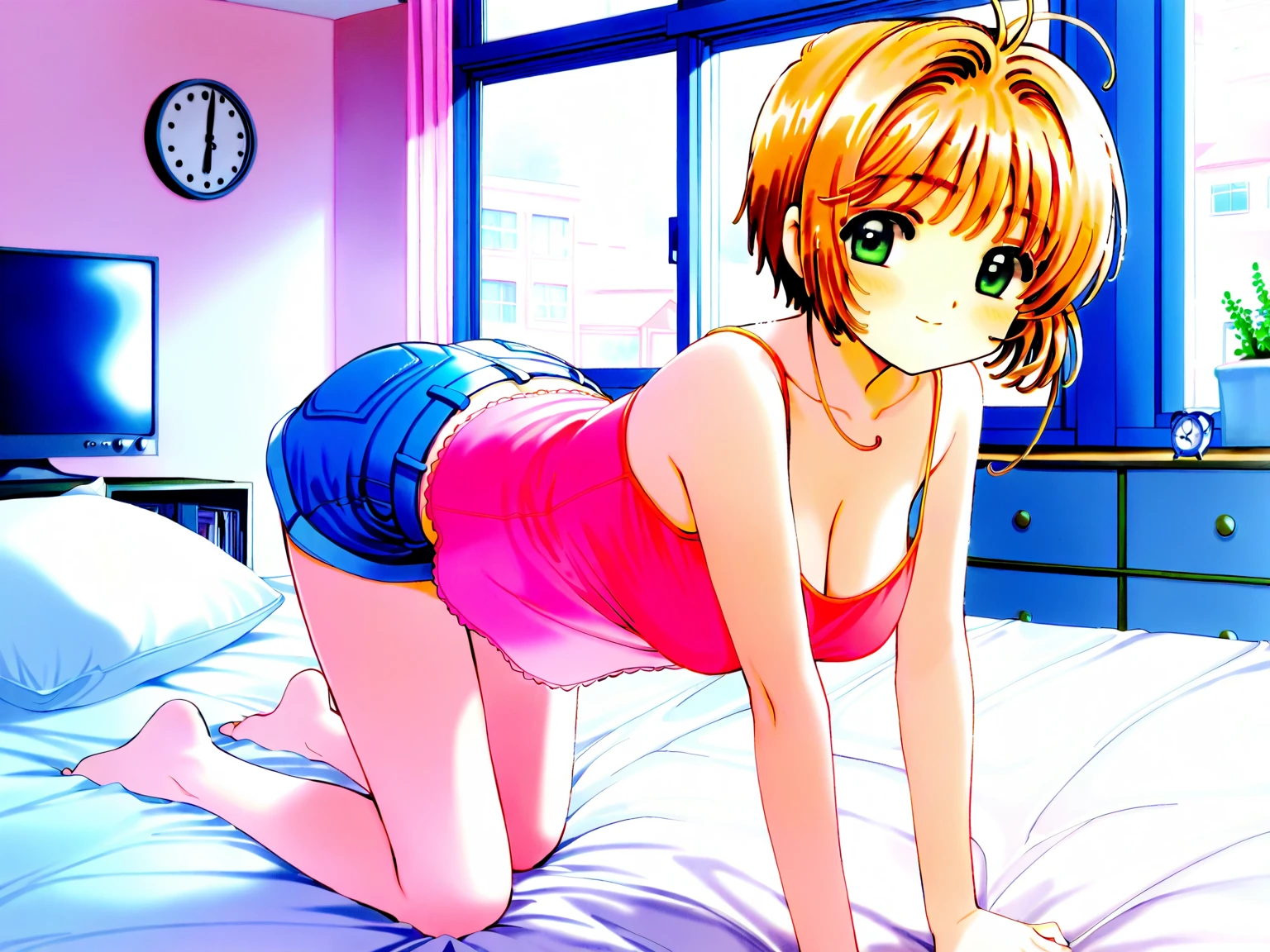 （masterpiece，best quality，best quality, masterpiece），my own, , , (适合任何Pillow背景的光影））, 穿着School Swimsuit可爱女孩在Pillow上摆姿势 ，pajamas，,（很多Pillow），Soft cushion，，，，很多Pillow，，，（Pillow），（A tail），，（充满细节的Pillow），（Love around the protagonist），Steam，，（Pillow），（palace），（Palace bedroom），（Pillow），柔软的Pillow，，（Classical European style bedroom ），（excited，shy person，Lack of expressiveness，），，, ((Maximum resolution)), artwork, ，,,(Interior of the palace),,(Deluxe Rococo Canopy King Bed),在一張又大又寬敞of beds上,(),,,,Luxurious curtains with ornate ruffles and ribbons surround the bed,((((There are many pillows piled on the bed)))),Detail of Quilt,詳細of beds單,Ruffled Bed Skirt,Deep Bed,Background with depth,((详细的Pillow)), ((((大量的Pillow))))，,，详细的软Pillow,,((女孩正躺在许多柔软的Pillow上,周围有许多Pillow))，。Many small feathers fluttering、 带褶边和缎带的长裙pajamas、In a huge, Large canopy bed、Soft pink sheets and quilt、色彩鲜艳的柔软Pillow、很多带褶边的Pillow和带褶边of beds裙、Soft tones，of beds、Ruffled curtains around the bed.。Delicate face。Background with depth,kinomoto sakura,(kinomoto sakura, 1girl, brown hair, short hair, antenna hair, , green eyes),,pillow humping, crotch rub，School Swimsuit