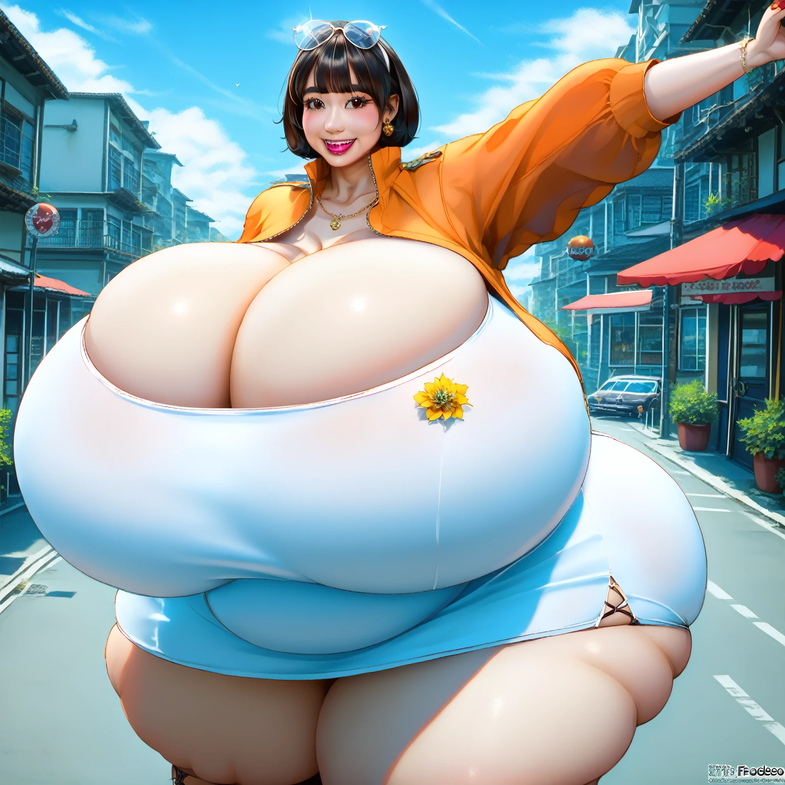 Balloon seller, full body, real photos, 35 year old girl, twin tails, look back at me,camel toe、huge tit、Nipple Puffs、cleavage、Plump、Super big breasts、super big butt