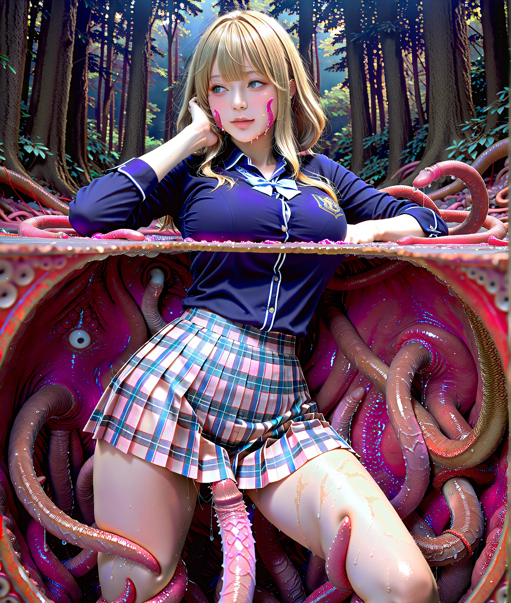 NSFW, Tentacles inserted vaginal sex, In the body of the creature Tentacles crawling to lick all over the girl's body, Tentacles like penises jostle and restrain the girl from behind, making her peel off her shirt and squeeze her breasts, (The tentacles wrap around the girl's arms and thighs:1.3), The penis-like tentacles monster viewer involuntarily inserts his penis into the girl's vagina, Legs suspended by a large number of tentacles wrapped around the girl's thighs, Background as if squirming inside a tentacle body, Tentacles like penises during ,Tentacles inserted from the girl's mouth to the back of her throat, The girl's whole body is covered in the mucus of the tentacles crawling all over her, (Masterpiece, Super realistic, Super details, Super Highest Quality, Super Highest Quality), super cute and beautiful girl, You are male professional photographer, Japanese gal, For dark brown eyes, Blonde yellow hair, Pink ribbon, gal make-up, False eyelashes, Pearl pink lips, Unbuttoned out Hemmed sailor red open collared open front white shirt, (Very thin shirt:1.3), beautiful side face focus, big open mouth, (brown eyes:1.4), big round chest, BREAK, (Half down two side up blonde very long hair style:1.4), (Wider at the hem flabby large in size Super Loose Socks:1.4), An innocent 16-year-old girl, evil smile, (skin fang:1.2), realistic cute Japanese girl, standing pose, wear white unbuttoned shirt, low-rise pleated plaid micro mini skirt, Japanese cute girls, long hair, blonde hair, two side up, hair ribbon, pink ribbon, frills, opened sailor collar, necktie, white shirt, long sleeves, red skirt, loafer, (frilled hemmed outfit:1.3), cleavage, half closed eyes, very wet Tentacles that wrap around legs up and arms and stomach, Whole body covered with mucus, Mucus dripping from tentacles, very big open mouth tongue out, (tearful expression:1.4), orgasming, Display the effect of a body jolting and shaking, spread Pussy
