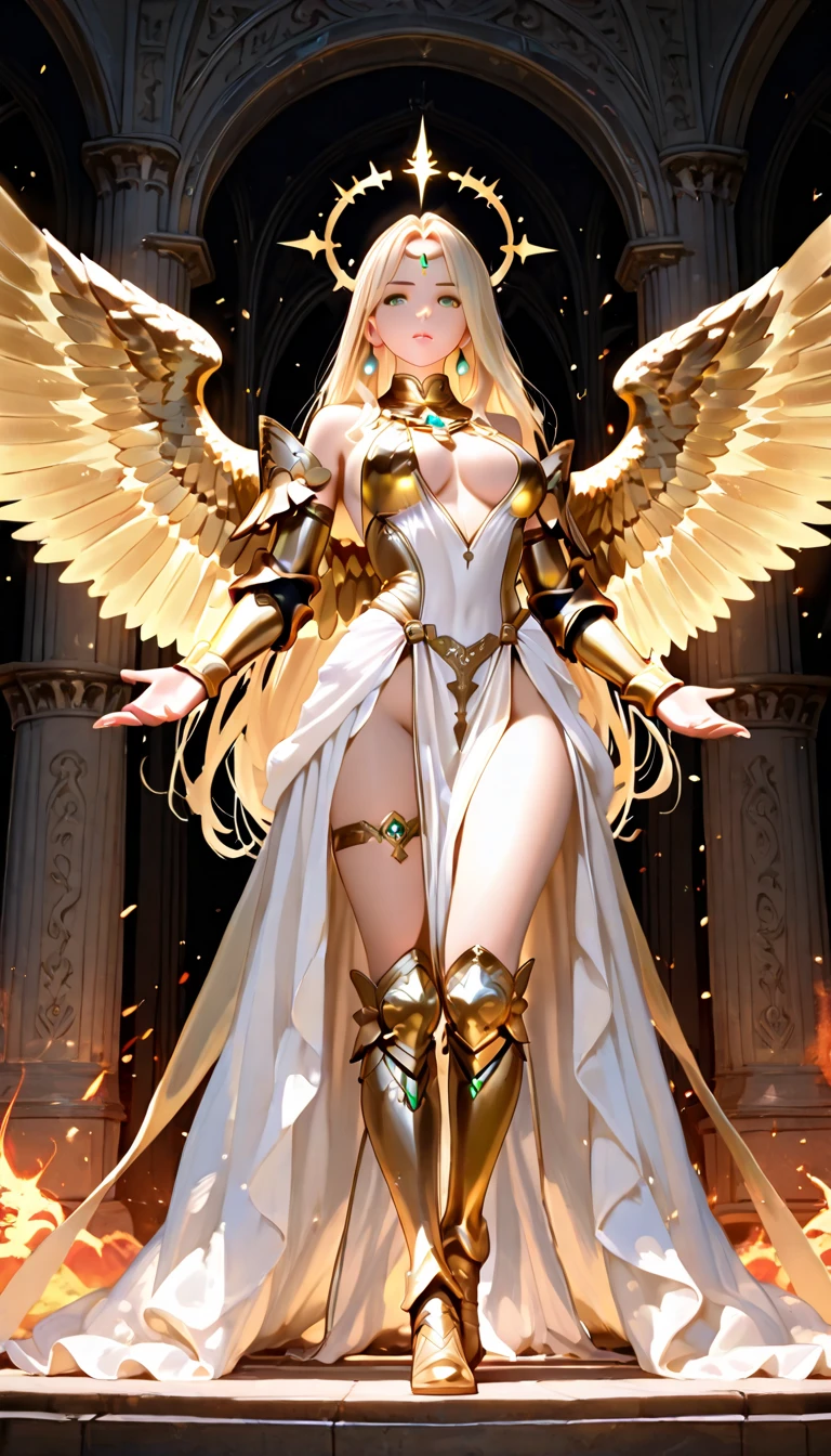 golden angel goddess with wings, blondie hair, perfect hands, golden shine, fictional figure body hands on waist, sexy movement pose, swords around the body