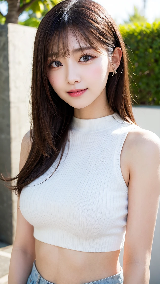 Tabletop, highest quality, shape, Very detailed, finely, High resolution, 8k wallpaper, 完璧なダイナミックな構shape, Beautiful and detailed, Nice spring clothes,Beautiful straight hair,Small breasts,Natural color lip, 20-year-old girl、cute、sexy shot looking at camera,Always blur the background,Perfect and beautiful face,Beautiful and dense face、Slim face and figure,Big eyes、Putting on gal makeup,Actual Photos（Best image quality）、Actual photo、Fashion model posing、full body shot、smile、Sheer tops perfect for spring、Shorts（white）、ponytail、Actual photo、blurred background