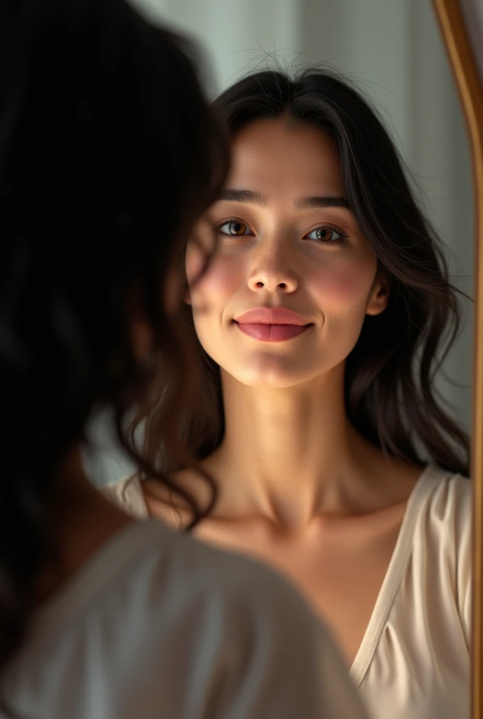 Femme brune 40 ans qui se prend en photo devant son miroir assise sur son canapé