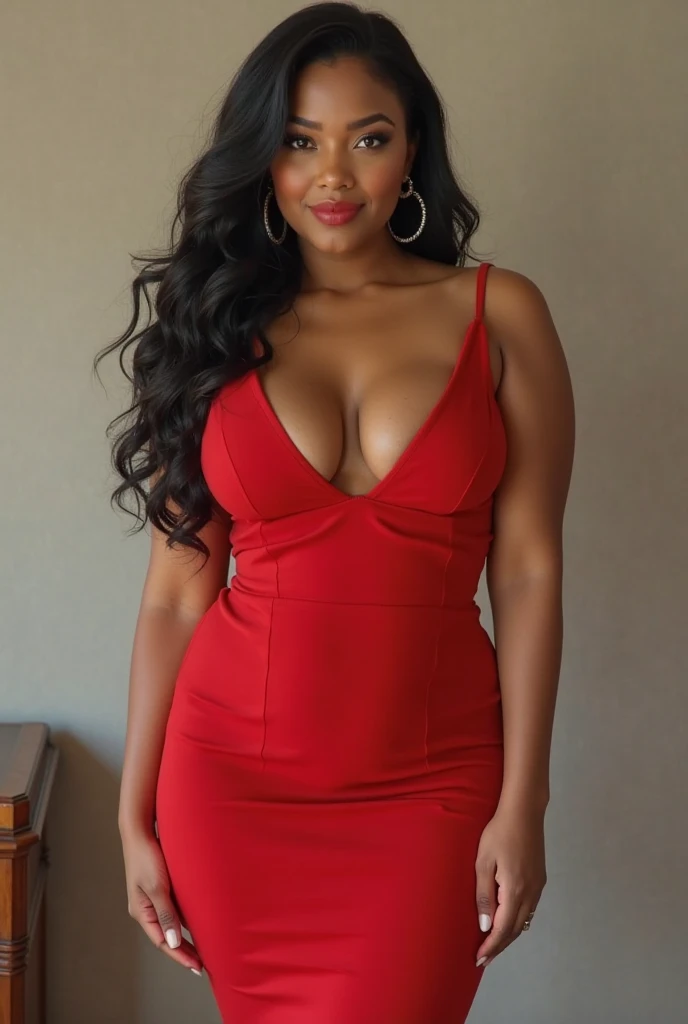 (best quality, ultra-detailed, realistic:1.37),portrait,voluptuous woman,flower,red tight dress, Random dress color, passionate look,large buttocks,vibrant colors,soft lighting, standing, full body view, extreme tall, long legs, very tall, tall, black skin