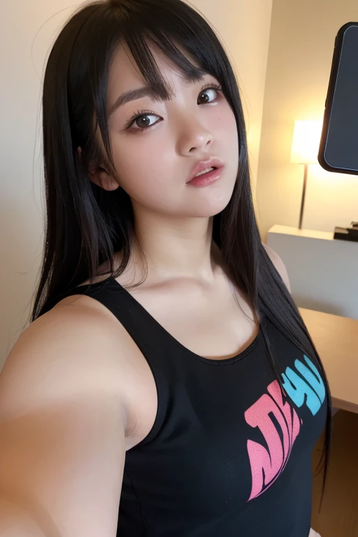 realistic photo of A beautiful girl wearing pink punk shirt in bedroom, highres, masterpiece, 1girl, solo, best quality, realistic, long black hair upsweep, ((sad face)), pov, indoor, sexy figure, (Sexy woman), (lying), (20 years), laying on back, excited, 4K, HDR.  
// 
lora
SELF15 Orgasming Face 