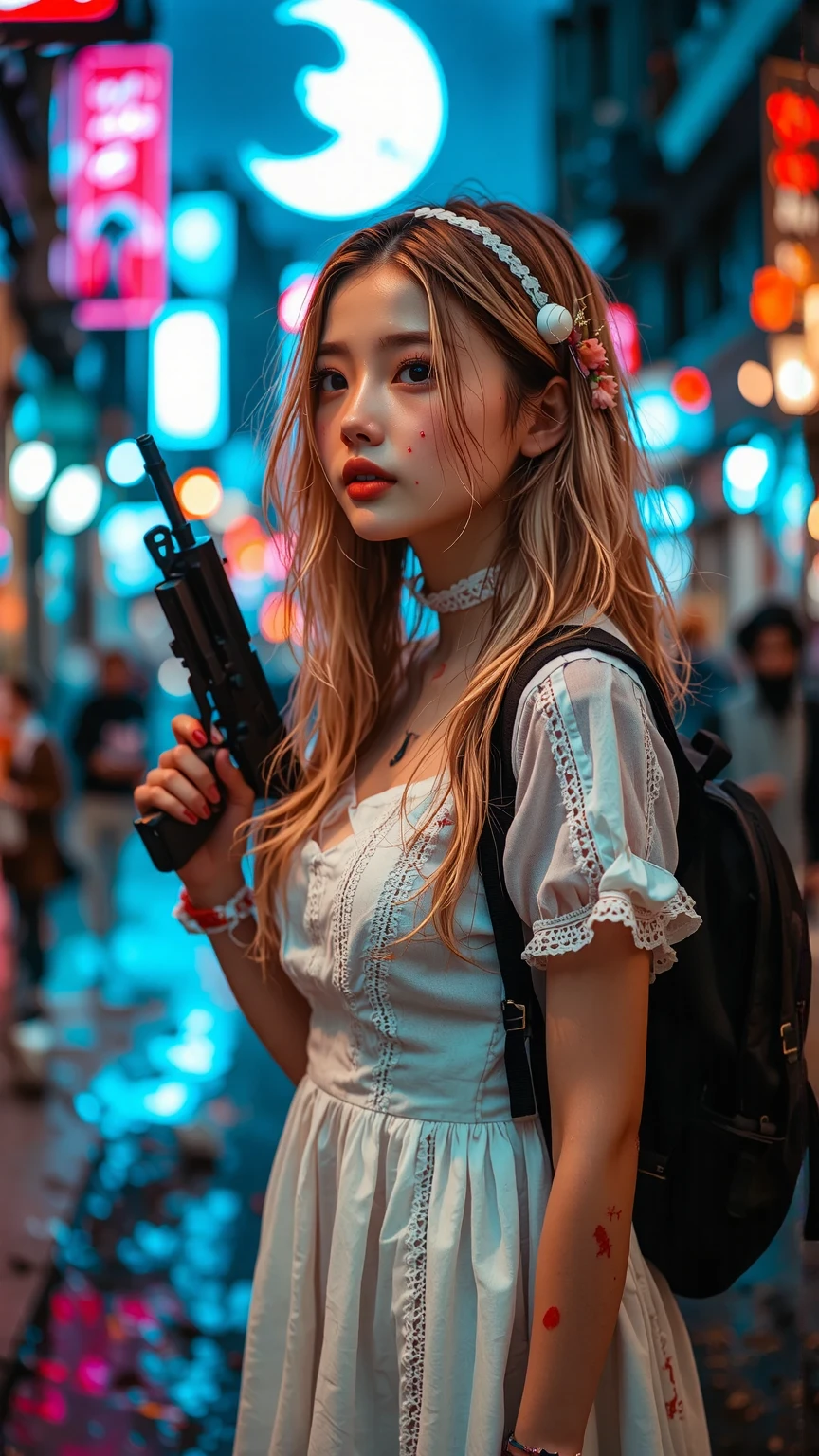 (Movie Style),(masterpieces:1.2), (Superb), (beautiful delicate eyes:1.2), ((1 beautiful Teenage girl with)), (highly detailed CG), ( portrait detailed), (very detailed and beautiful:1.1), (PERFECT DETAILS:1.1), (nice illustration), alone, Teenage girl with, With a machine gun, under a spooky crescent, in a vibrant night city, surrounded by zombies, Dirty Face, long blond hair, sweating, bleeding, with different materials, Bandage on the face, (torn and white gothic dress:1.5), (torn fabric:1.4), (bandaged arms and legs:1.3), (frayed edges:1.2), (Dirt and dirt:1.1), colorful lace old and faded, slightly delicate tiara or hair ornament, Backpack, bright smile, dark atmosphere, dramatic lighting, Bright city lights, Tall Buildings , distance, Action pose