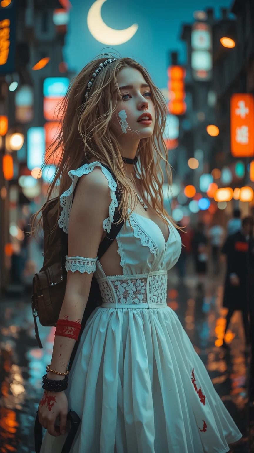 (Movie Style),(masterpieces:1.2), (Superb), (beautiful delicate eyes:1.2), ((1 beautiful Teenage girl with)), (highly detailed CG), ( portrait detailed), (very detailed and beautiful:1.1), (PERFECT DETAILS:1.1), (nice illustration), alone, Teenage girl with, With a machine gun, under a spooky crescent, in a vibrant night city, surrounded by zombies, Dirty Face, long blond hair, sweating, bleeding, with different materials, Bandage on the face, (torn and white gothic dress:1.5), (torn fabric:1.4), (bandaged arms and legs:1.3), (frayed edges:1.2), (Dirt and dirt:1.1), colorful lace old and faded, slightly delicate tiara or hair ornament, Backpack, bright smile, dark atmosphere, dramatic lighting, Bright city lights, Tall Buildings , distance, Action pose
