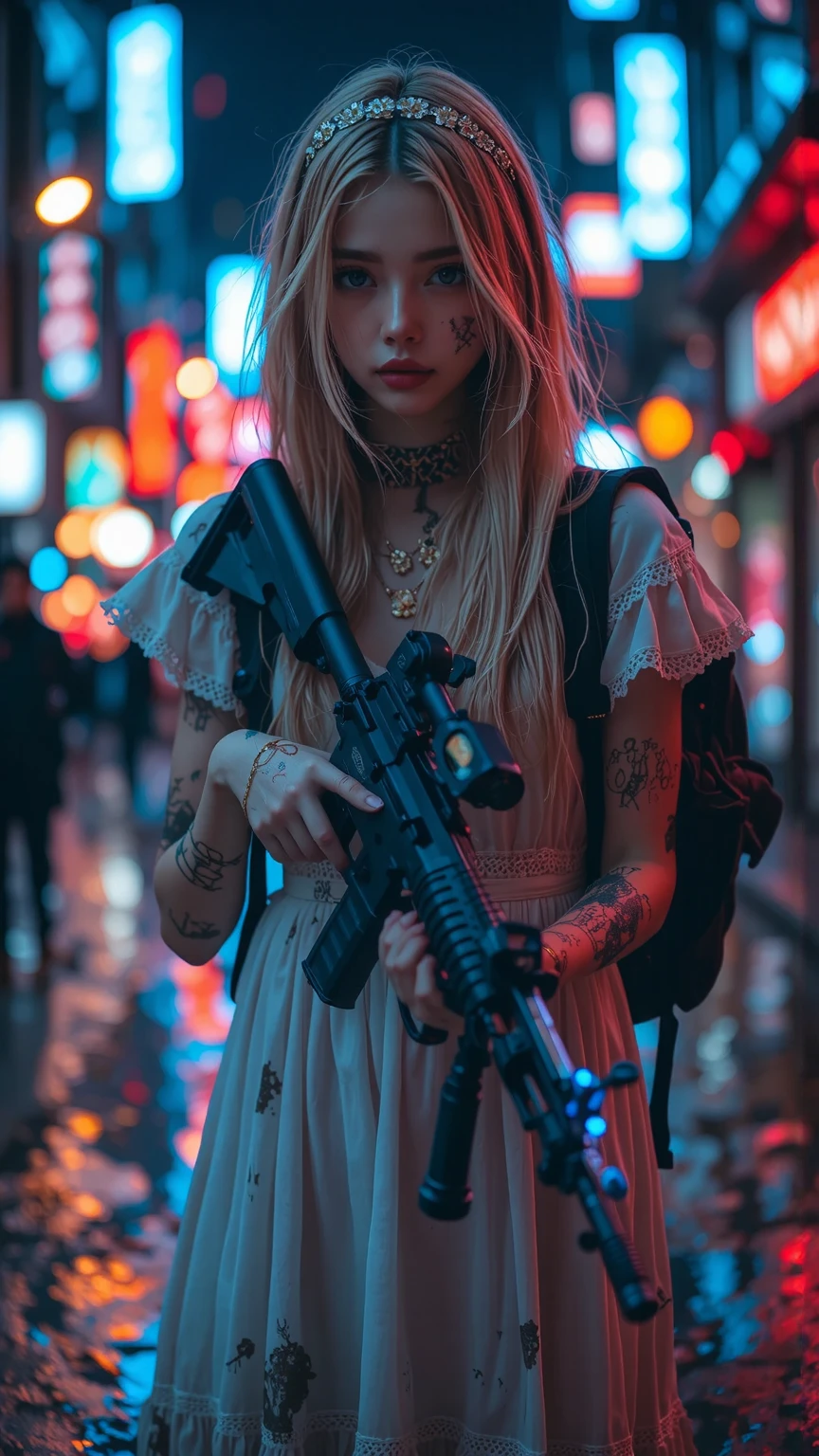 (Movie Style),(masterpieces:1.2), (Superb), (beautiful delicate eyes:1.2), ((1 beautiful Teenage girl with)), (highly detailed CG), ( portrait detailed), (very detailed and beautiful:1.1), (PERFECT DETAILS:1.1), (nice illustration), alone, Teenage girl with, With a machine gun, under a spooky crescent, in a vibrant night city, surrounded by zombies, Dirty Face, long blond hair, sweating, bleeding, with different materials, Bandage on the face, (torn and white gothic dress:1.5), (torn fabric:1.4), (bandaged arms and legs:1.3), (frayed edges:1.2), (Dirt and dirt:1.1), colorful lace old and faded, slightly delicate tiara or hair ornament, Backpack, bright smile, dark atmosphere, dramatic lighting, Bright city lights, Tall Buildings , distance, Action pose