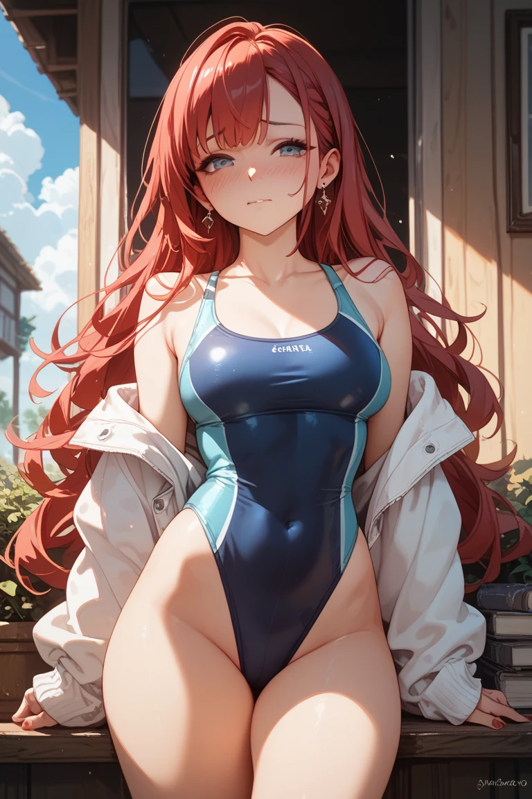 1girl, big boobs, sexy, horny, green eyes, orange long hair pigtails, standing in sexy pose, wearing fitness costume, gym background