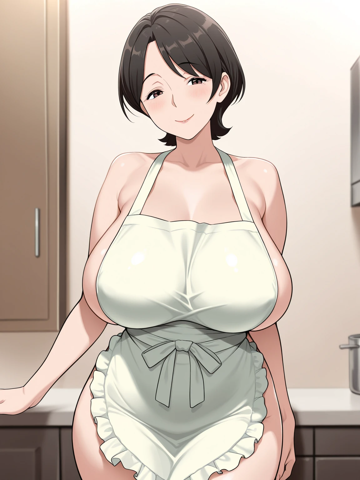 sexy woman, mature, milf, huge breasts, large breasts, curvy, voluptuous, completely nude, nude, pussy, nipples, black hair (straight bangs), brown eyes, tomboy pixie cut hairstyle, red lips, earrings, sweating, shiny skin, smile, standing, convenience store, indoors, night time
