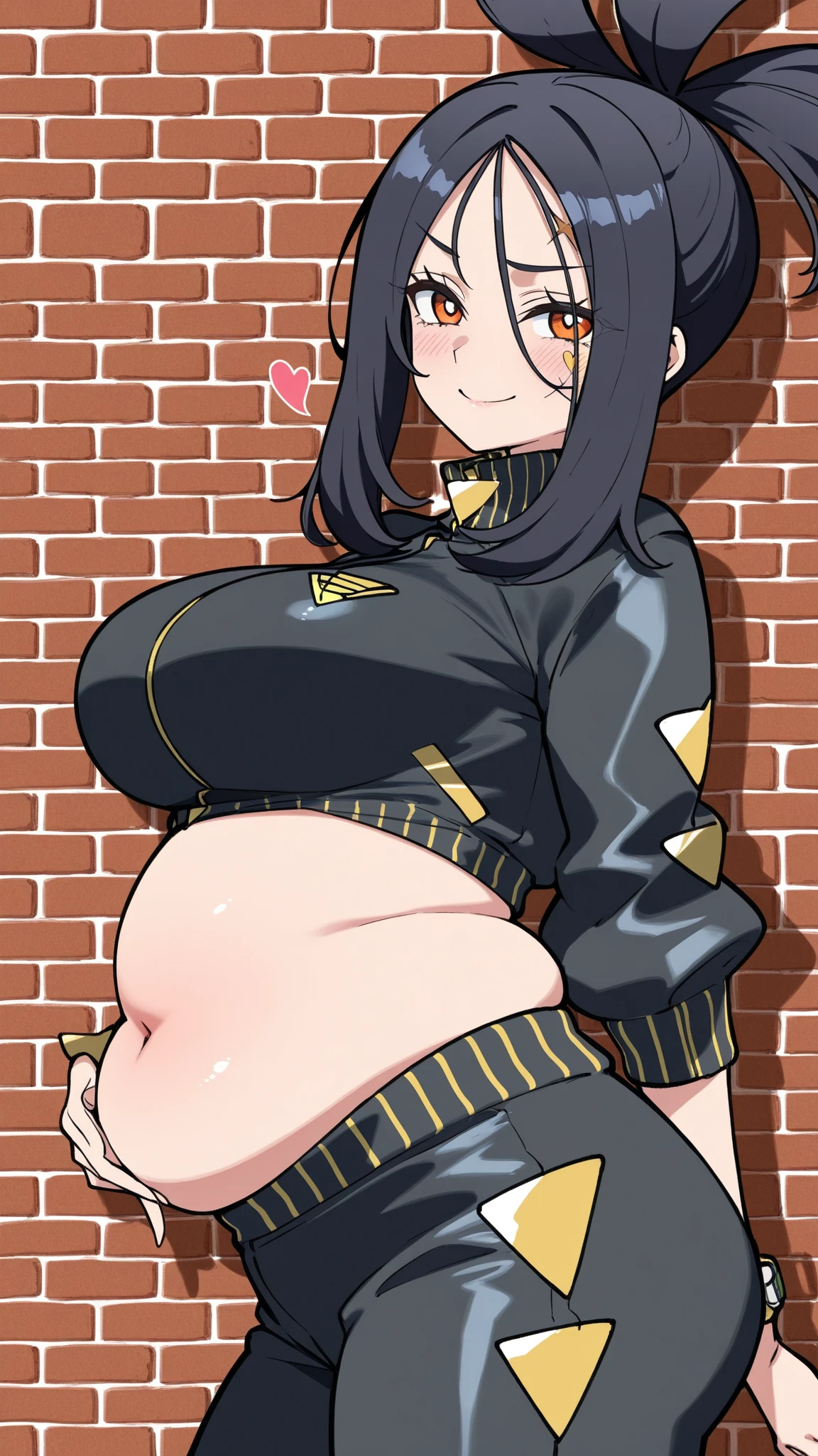 best quality, masterpiece, highres, solo, {dehya_genshin:1.15}, multicolored_hair, long_hair, bangs, blue_eyes, streaked_hair, dark-skinned_female, dark_skin, blonde_hair, black_hair, hair_between_eyes, jewelry, crossed_bangs, halterneck, earrings, animal_ears, breasts, criss-cross_halter, smile, brown_hair, navel, big stomach, hair_intakes, 1 mature female, looking_at_viewer, midriff, gloves, massive_breasts, black_gloves, fingerless_gloves, bare_shoulders, ((big belly, massive belly, chubby))