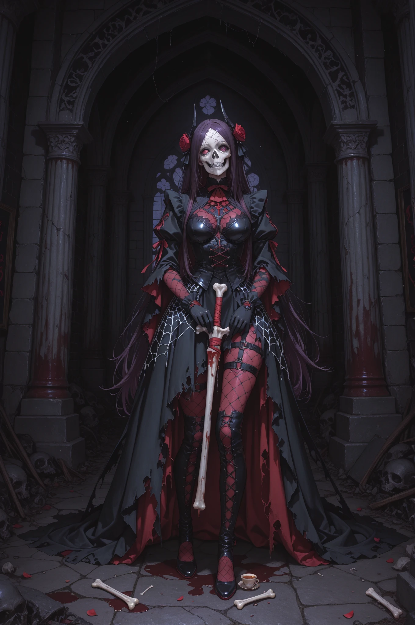 (masterpiece:1.1), (best quality:1.1), (flat colors:1.2), BREAK,
(dark fantasy:1.1), (red theme:1.1), BREAK,
(solo:1.2), (full body pose:1.0), (hourglass body shape), (High heel boots:1.5), (dynamic:1.0), (nun:1.1), (bio mechanical:1.0), (cybernetic parts:1.1), (large breasts:1.0), (tactical vest:1.0), (with buckle and tape:1.0), (mouth mask:1.5), (make a blood sacrifice:1.8), (Skulls on the ground), nude, nsfw, In the artstyle of HR Giger,