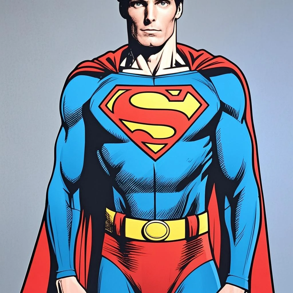 Um close up de um desenho animado de um homem com uma fantasia de Superman, pose do super-homem, Super-homem, super hero pose, superman is high, Stalin como Superman, Estilo de Arte DC Comics, Superhero portrait, comic character design, positing on rock super hero pose, fan art, super hero art, super super dynamic dynamic pose, Bob Ross como Superman