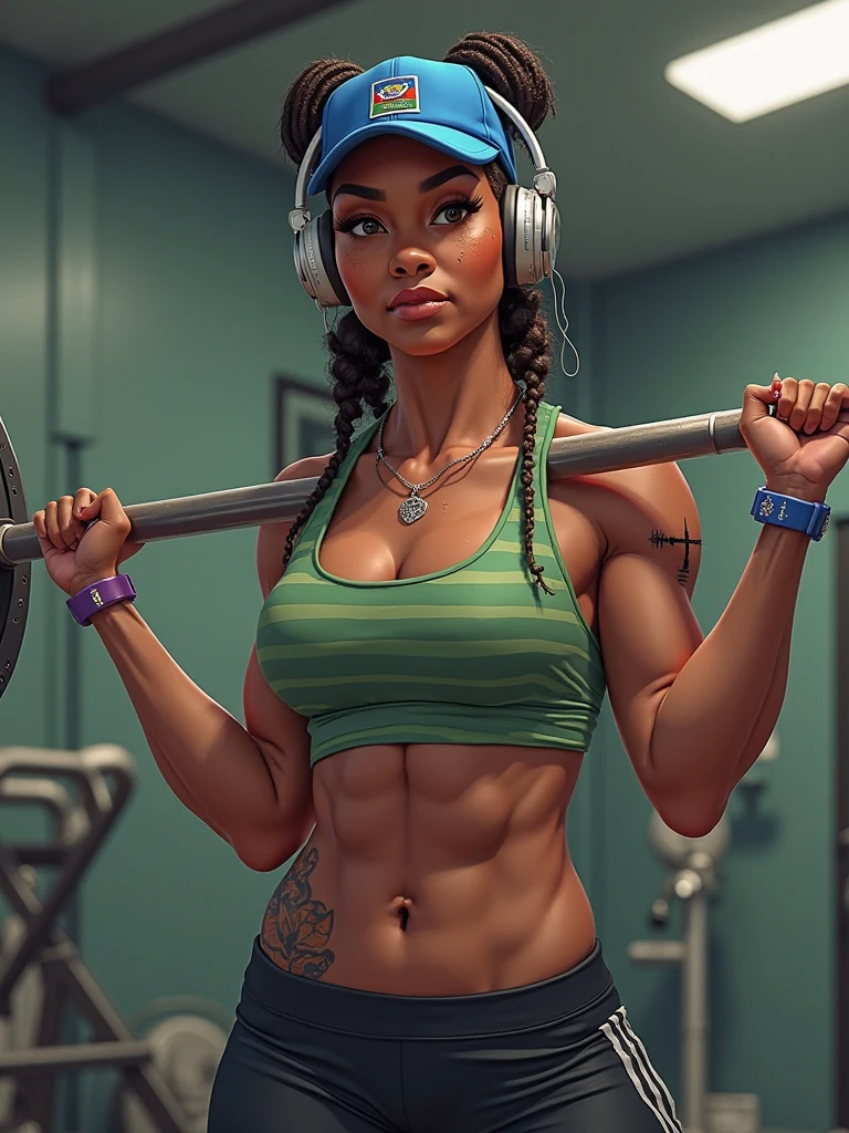 Woman with medium dark skin, redhead, huge breasts, very muscular giant ass, thick muscular amazon legs, exercising in the gym, exercising doing deadlifts, there are a crowd of men watching her, wet and sweaty body,beautiful and detailed see-color eyes, thick lips painted, curly hair