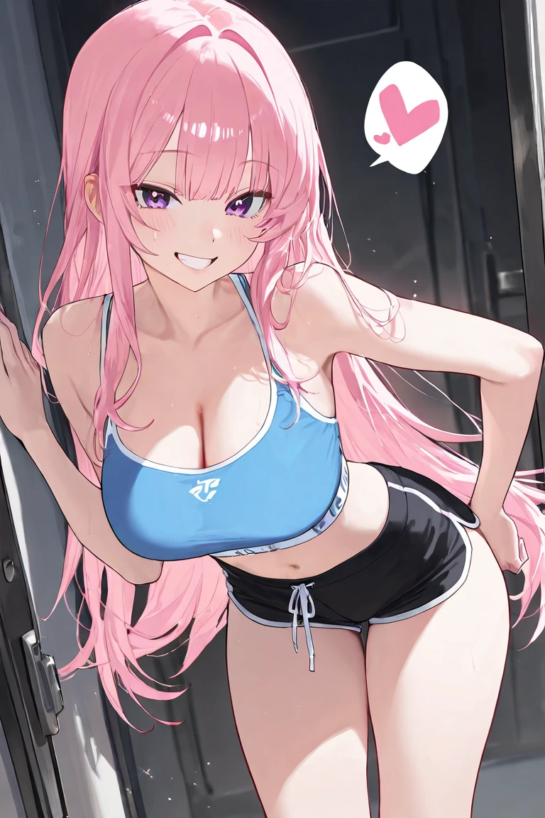 (masterpiece、highest quality、Super detailed)、((One girl))、((Pink Hair))、((Twin tails))、((Light blue eyes))、evil smile、((Grin))、((Sweat))、Earrings、((Very large breasts))、((black sports bra))、((black sports short shorts))、((white baggy socks))、wariza、Shoot from above、Gym storeroom