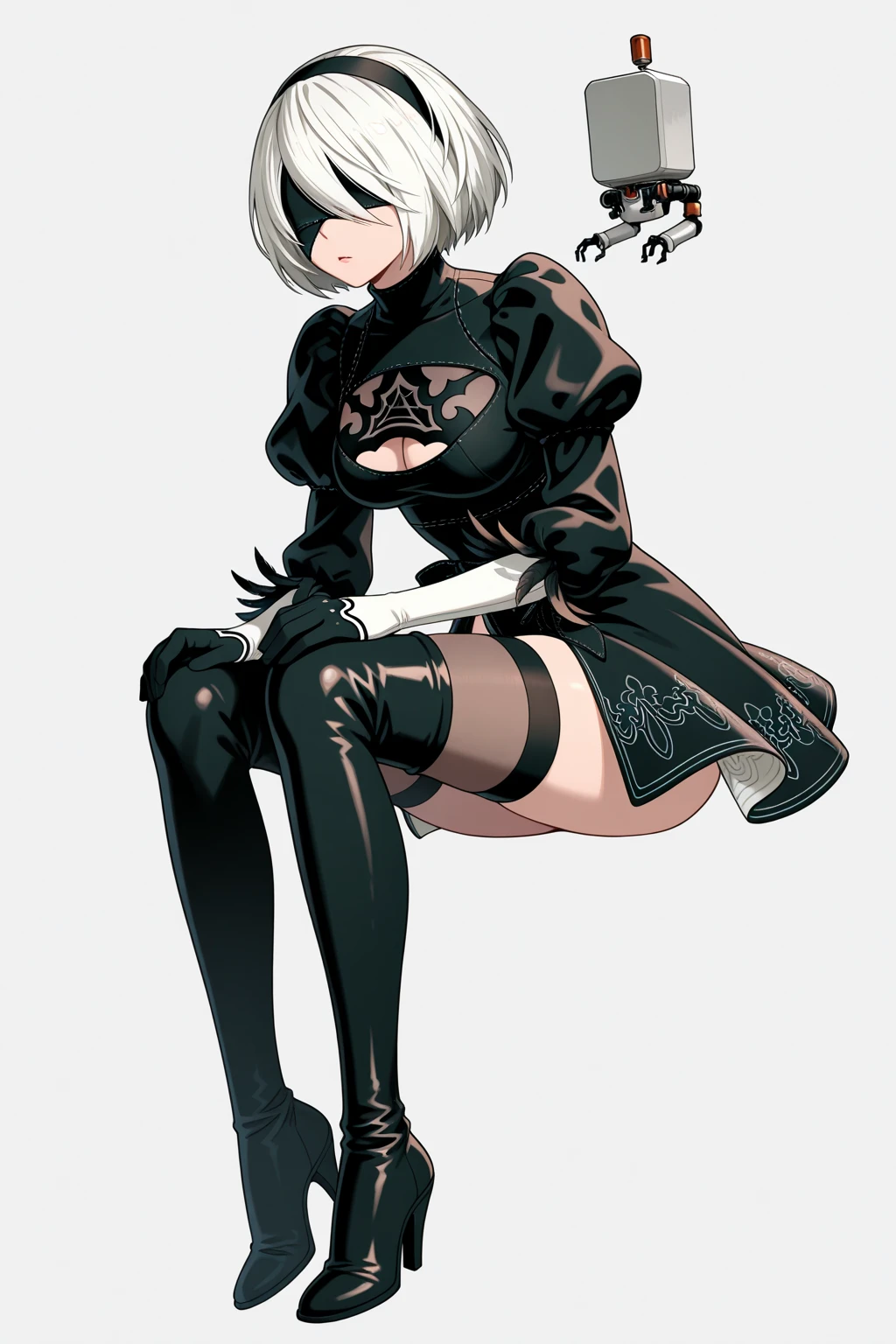 (best quality, masterpiece), 1girl, yorha no. 2 type b, thighhighs, blindfold, sitting, looking at viewer, spread legs,