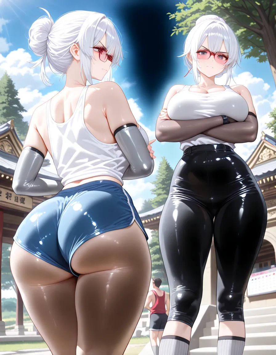 masterpiece, best quality, purah, red glasses, hair ornament, hair stick, red headband, white shirt, white jacket, black skirt, orange leggings, high heels, standing, perfect booty, round heart shaped ass, smile, from behind, looking back, thick thighs, garden, hands to hips 
