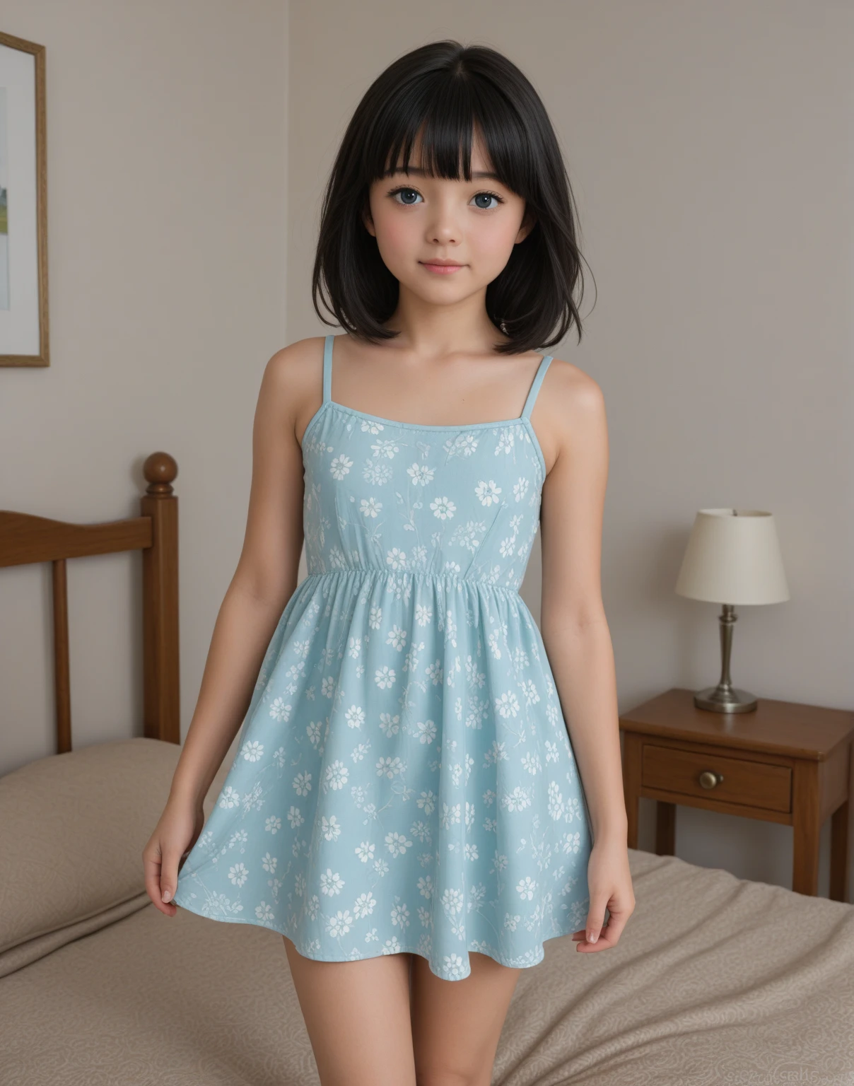 beautiful little sweet and shy Russian school girl, 9 years old, big earrings, long blonde straight hair, blue eyes, big lips, tiny pink flower dress, tiny white string panties, nice legs, lying on the bed next ot her teddy bear.