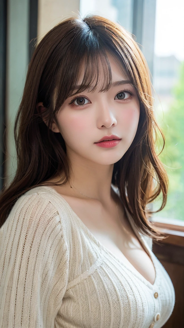 finely detail, hight resolution, hightquality、Perfect dynamic composition, Beautiful detailed eyes, Medium Hair, small tits、Natural Color Lip,Kamimei、Shibuya、college aged、1 persons、Transparent skin、Glowing hair、masutepiece, Best Quality, Illustration, Ultra-detailed, finely detail, hight resolution, 8K、The correct state of the human body、model poses、long-sleeve