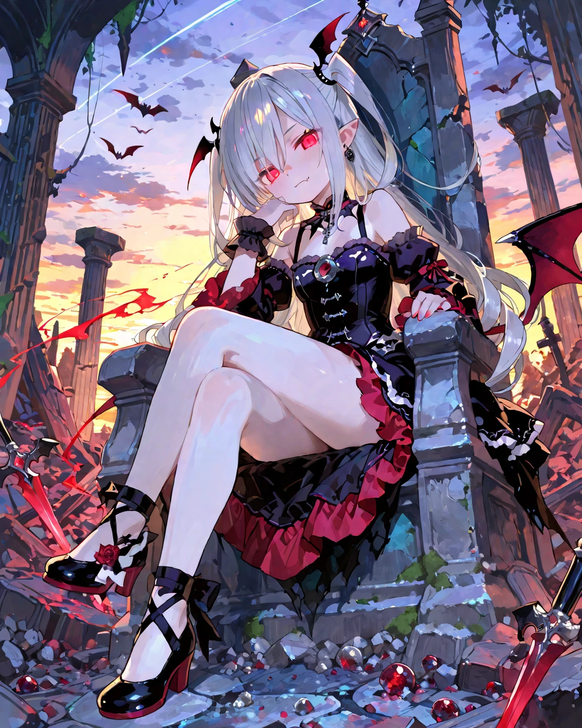 (Highest picture quality),(Master's work),(ultra-detailed),the portrait is centered,(solo),(from side:1.2),(from below:1.4),(facing viewer:1.3), demon horns, (revealing clothes), outdoors, bare back, close-up, bare shoulders, (gothic architecture background), chain, holding dagger, fire, demon wings, demon tail, demon eye, torn clothes, lace