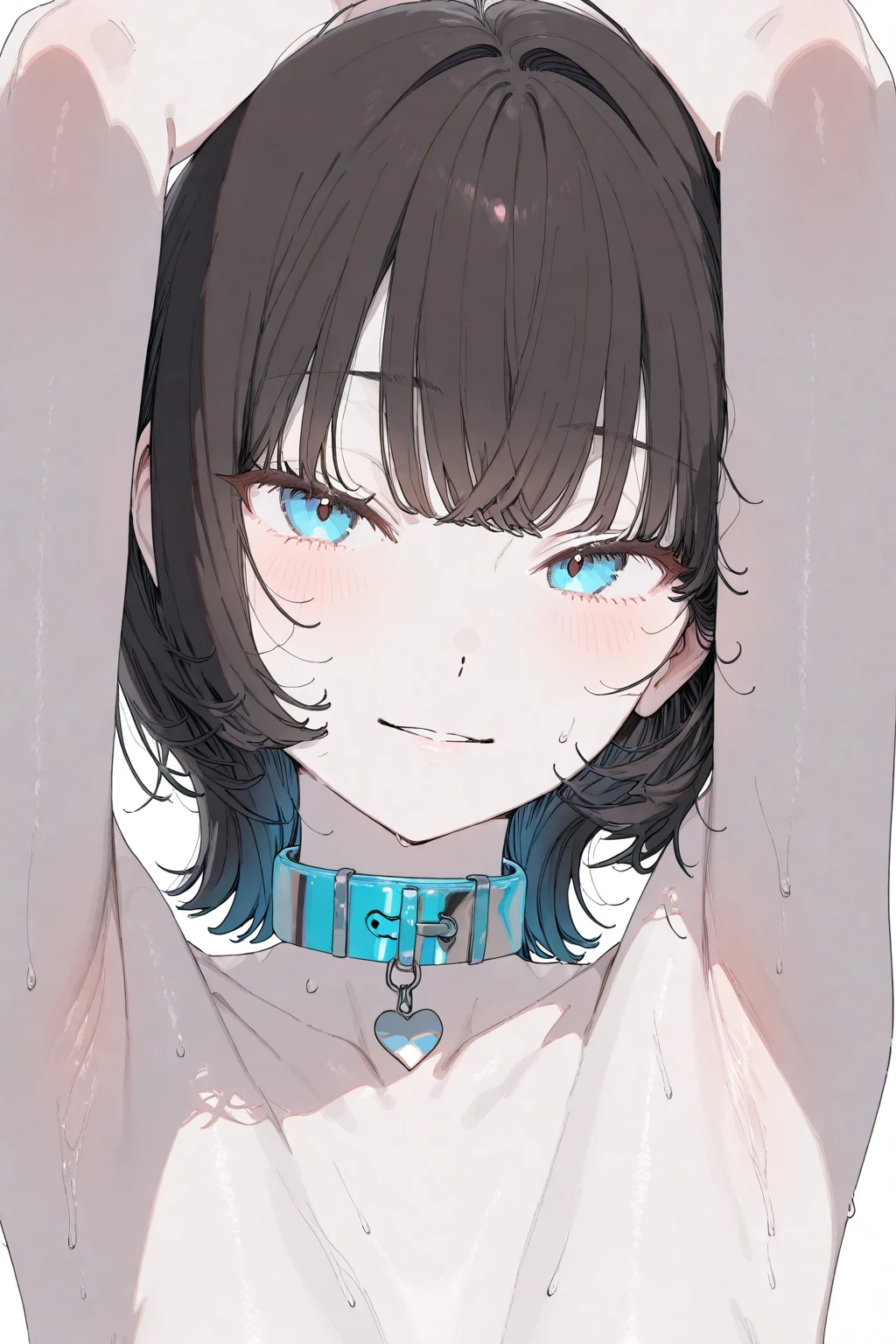 (muste piece), (best quality), (score_9, score_8_up, score_7_up), very detailed eyes, expressive eyes, perfect face, very detailed face, highly detailed face, beautiful girl, 8K, beautiful girl, (white background), delicate and beautiful face and eyes, dark intense shadow, Ultra-high resolution, Movie Lighting, (Fuji Color: 1.2) portrait,
1 girl, vtuber style, cool girl, hololive, vtuber, Oozora Subaru, black hair, short hair, white T-shirt, pull down collar, close one eye, look up, big chest, cleavage, sweat, wet body, wet hair, clavicle, (full body), sweating, hot, leaning_forward, 