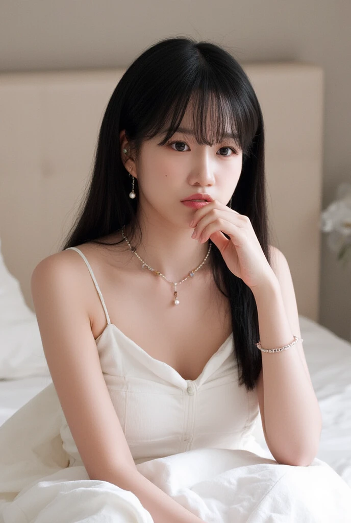 one girl,Beutiful women, Take a picture with a lot of zoom, At the hotel, wear a white camisole,long hair, wear a golden necklace, raise the corners of the mouth,random pose