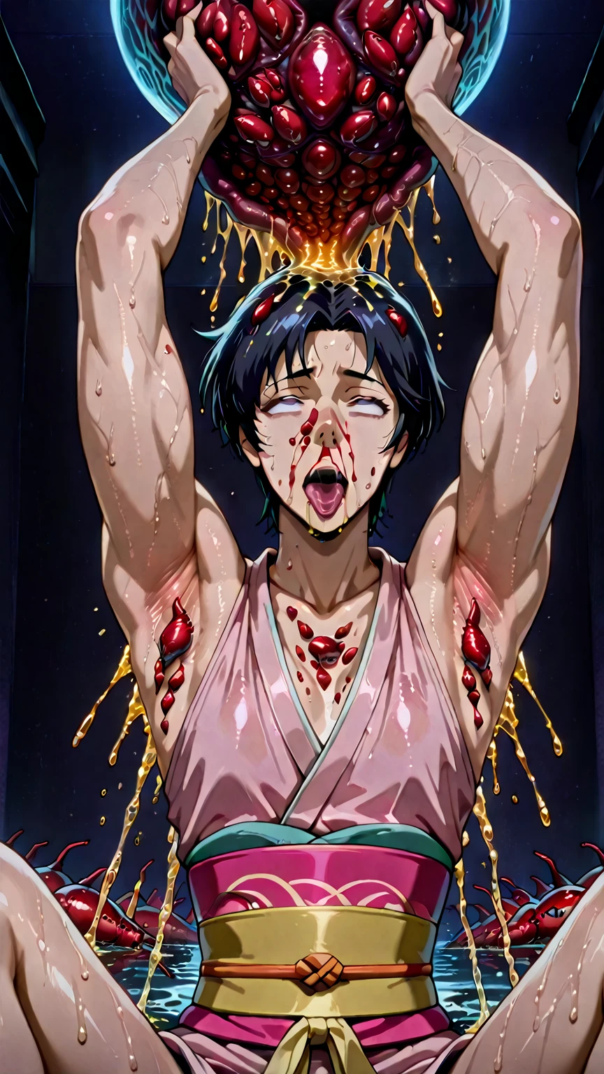 Cerberus (fortnite), green body, green eyes,Brilliant eyes,fangs,claws,tail,snake tail, naked, press, Nipples, male chest, big dick, groin hair, big cock balls, legs, paws, full length, black gloves, (wooden floor, Brick walls), Hands behind the head, cum on dick, cum on face, cum on body, sex vibrator, 